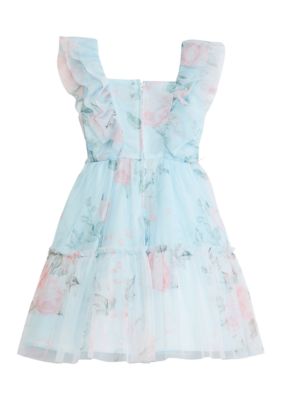Girls 4-6x Floral Printed Mesh Ruffle Bodice to Tiered Skirt Dress