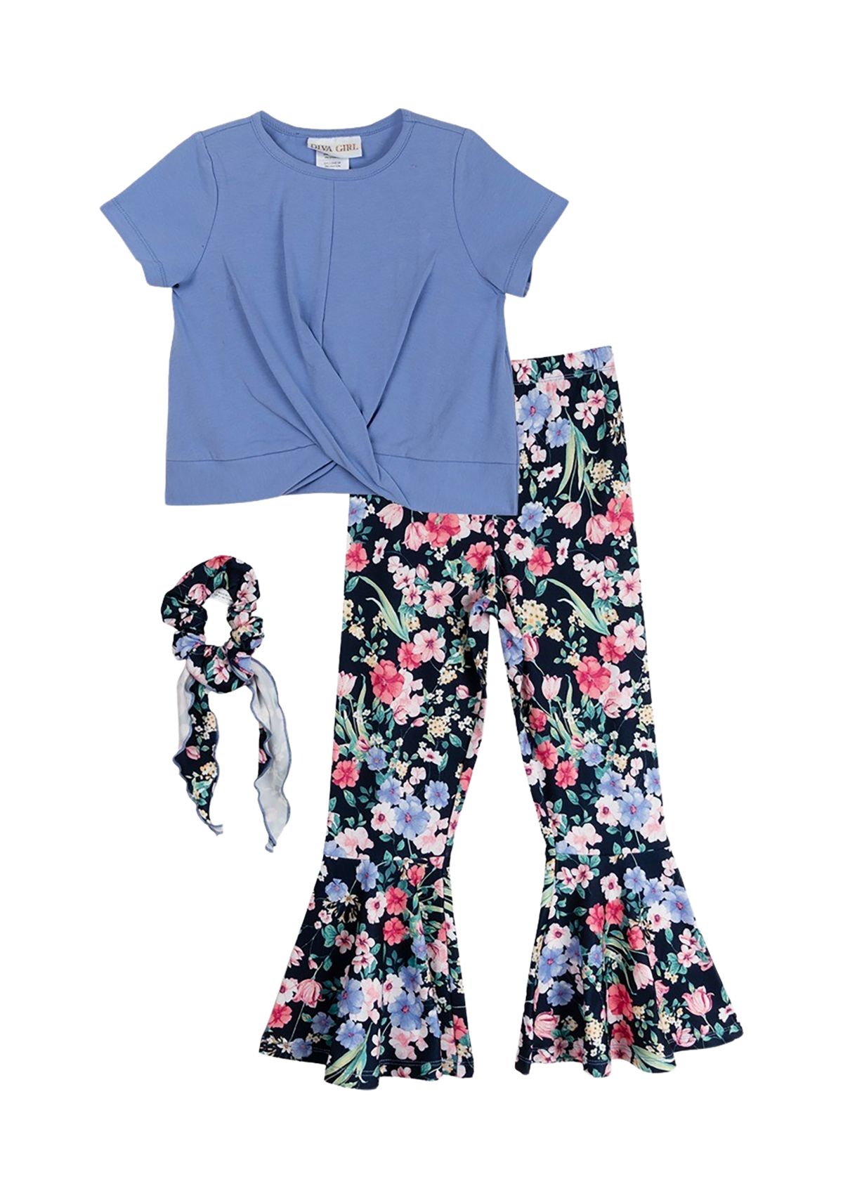 Girls 4-6x Knit T-Shirt with Printed Pants and Matching Scrunchie 