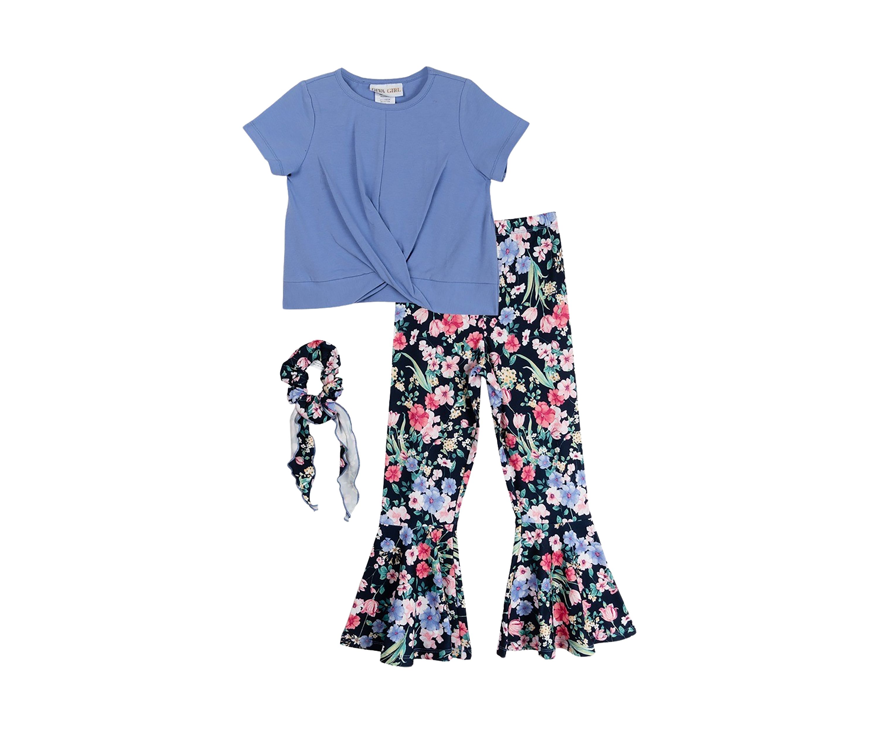 Girls 4-6x Knit T-Shirt with Printed Pants and Matching Scrunchie 