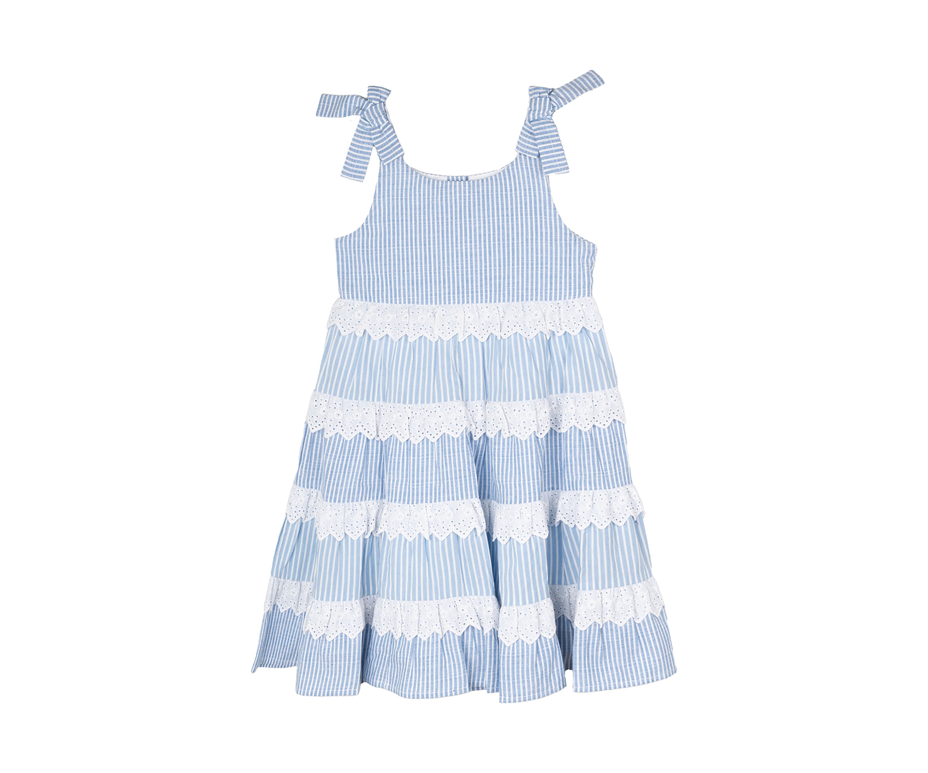 Girls 4-6x Blue Striped Eyelet Trim Dress 