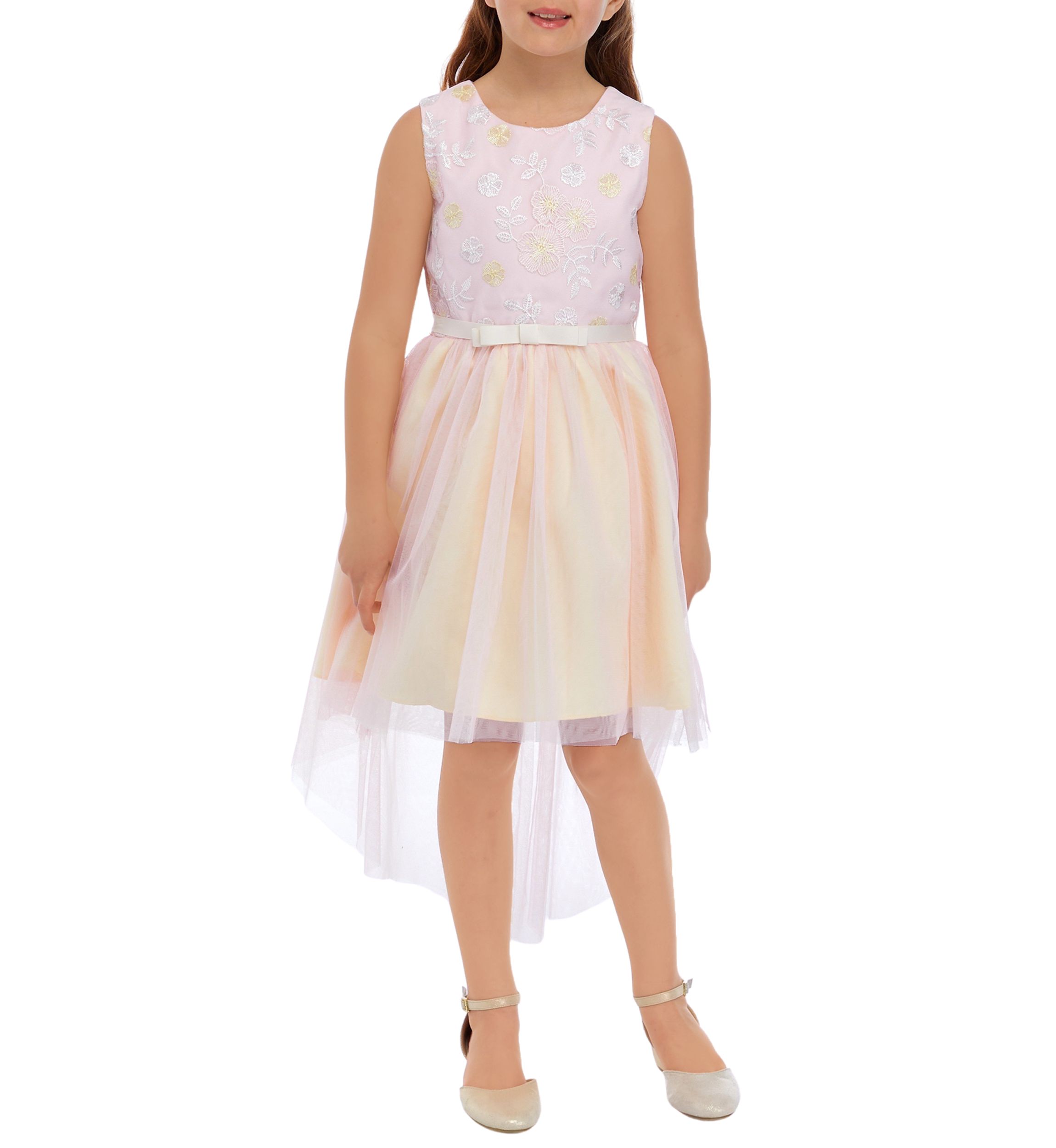 Girls 7-16 Lurex Embroidered Mesh Dress with Two Tone Hi Low Skirt