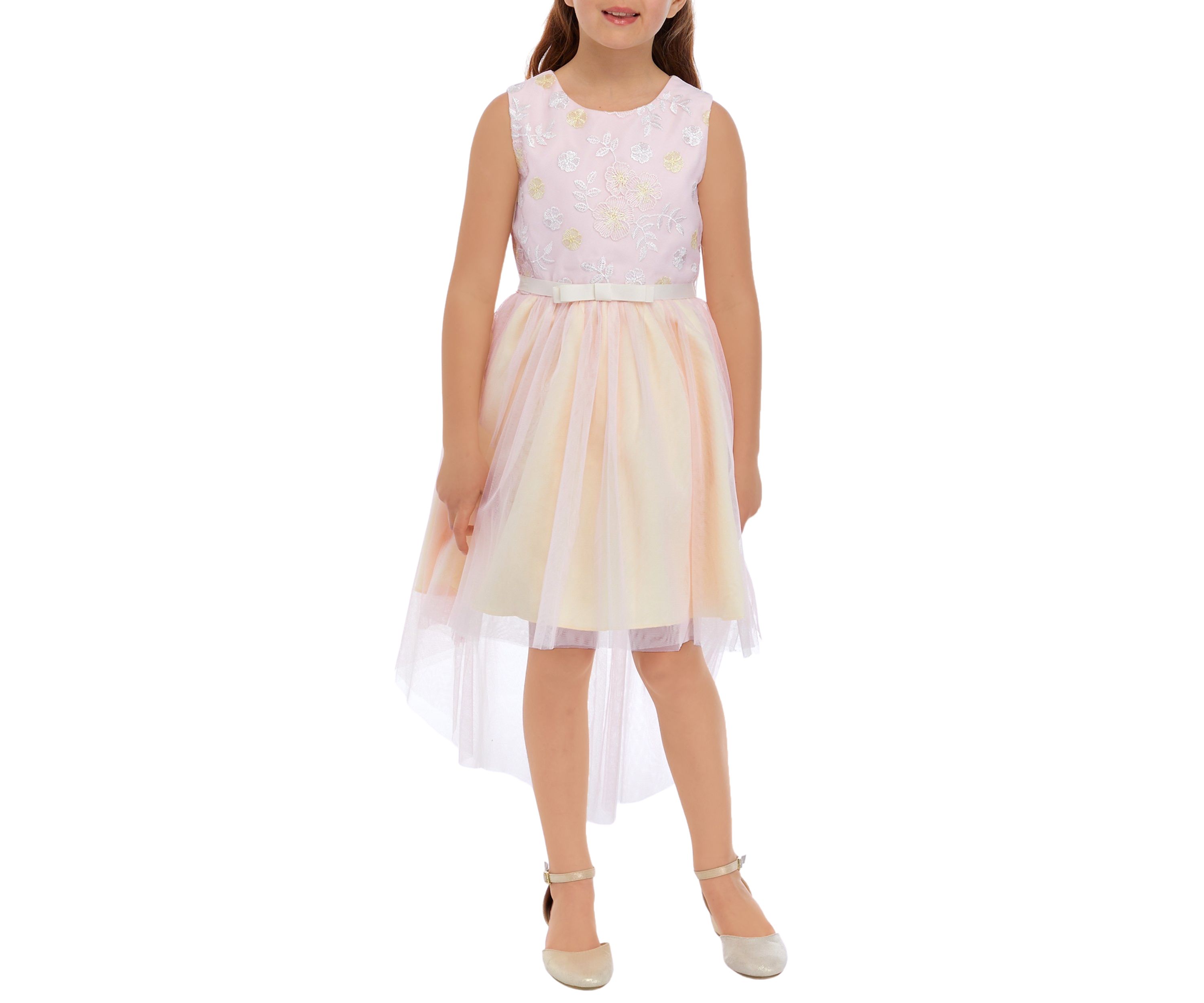 Girls 7-16 Lurex Embroidered Mesh Dress with Two Tone Hi Low Skirt