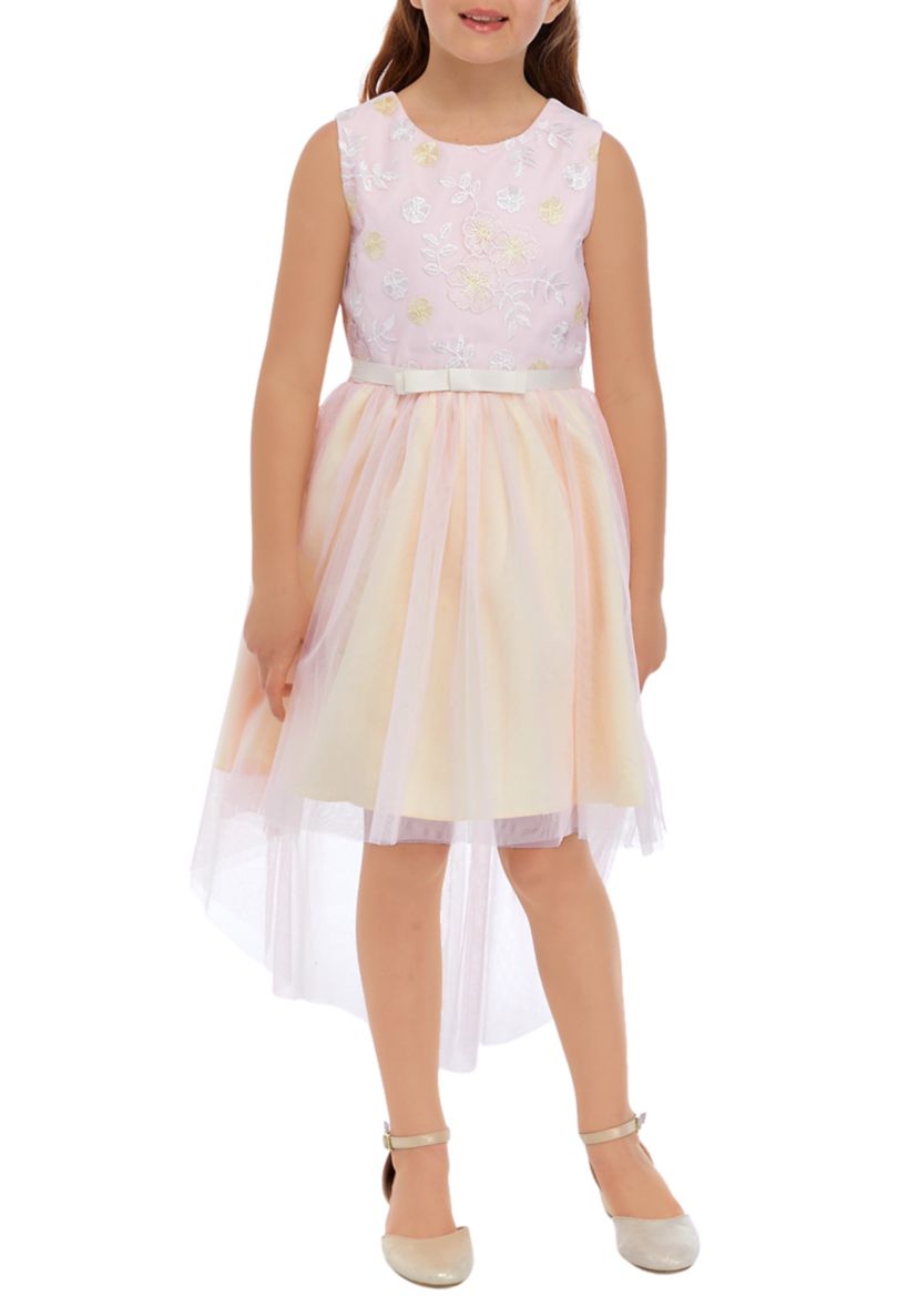 Girls 7-16 Lurex Embroidered Mesh Dress with Two Tone Hi Low Skirt