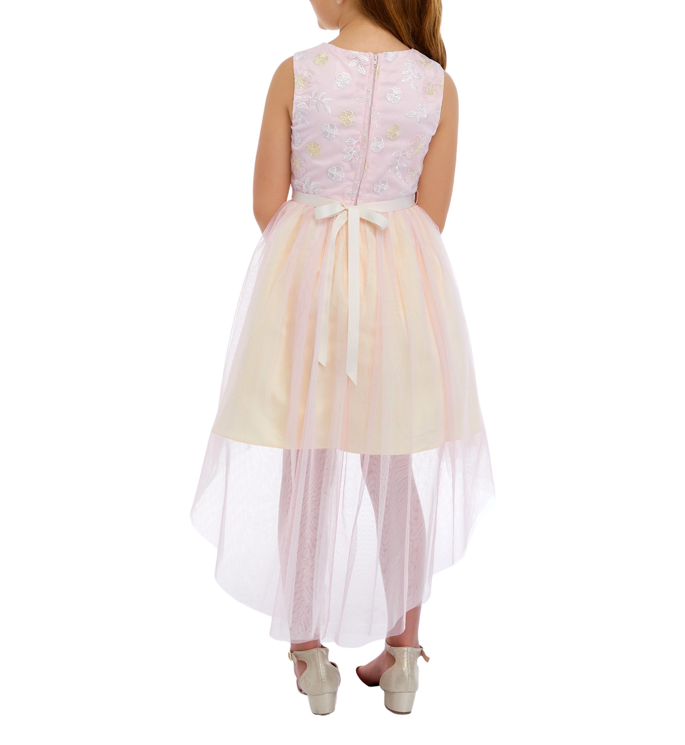 Girls 7-16 Lurex Embroidered Mesh Dress with Two Tone Hi Low Skirt