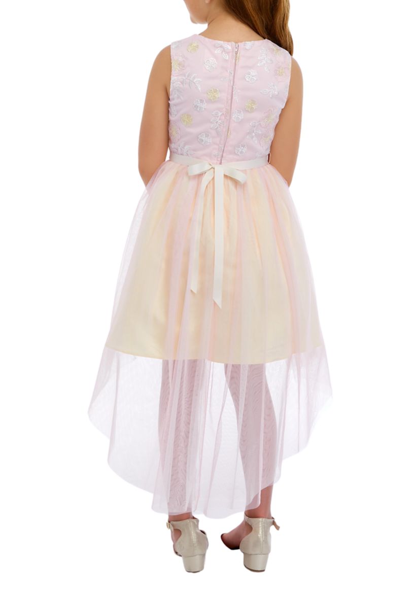 Girls 7-16 Lurex Embroidered Mesh Dress with Two Tone Hi Low Skirt