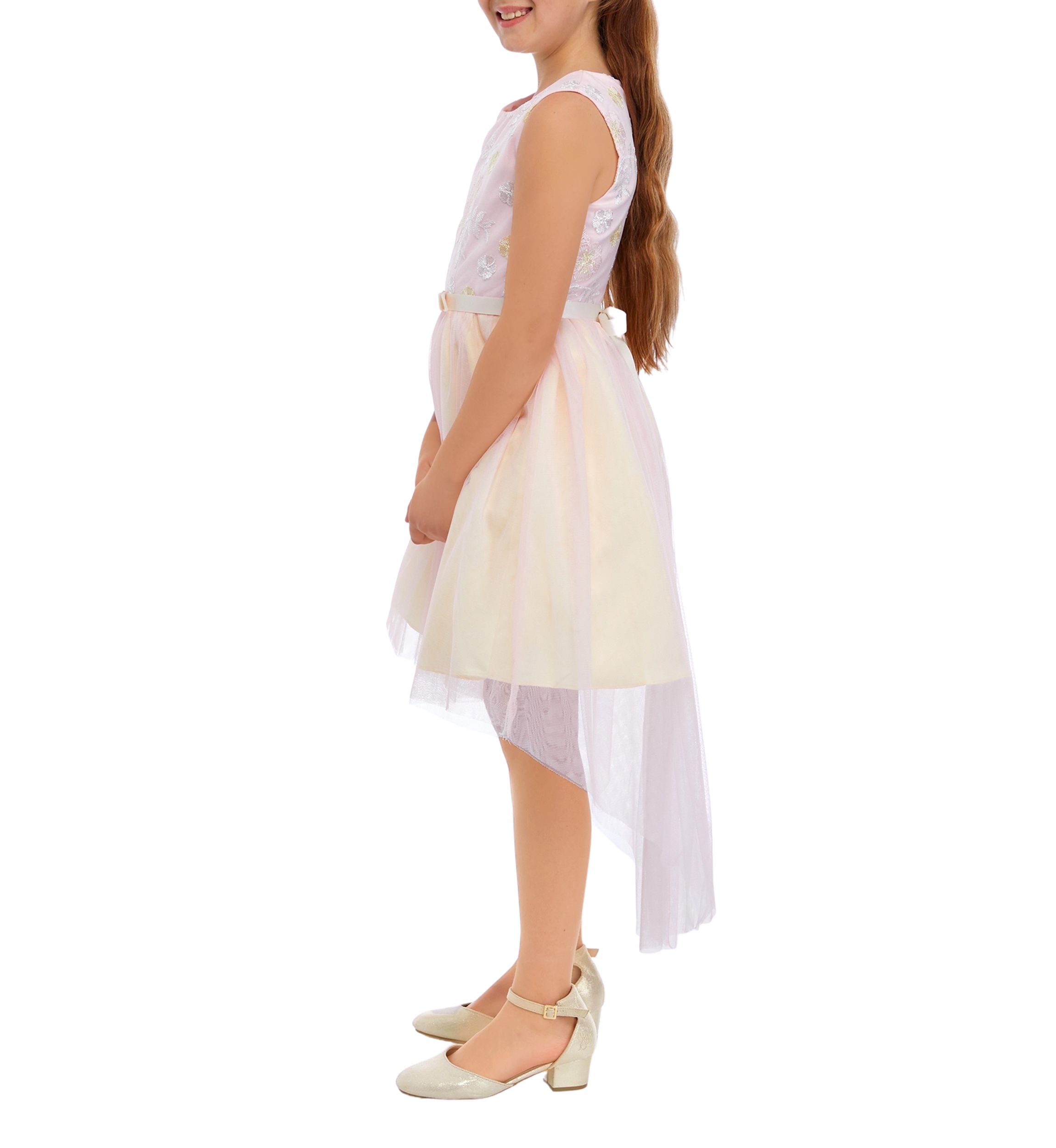 Girls 7-16 Lurex Embroidered Mesh Dress with Two Tone Hi Low Skirt