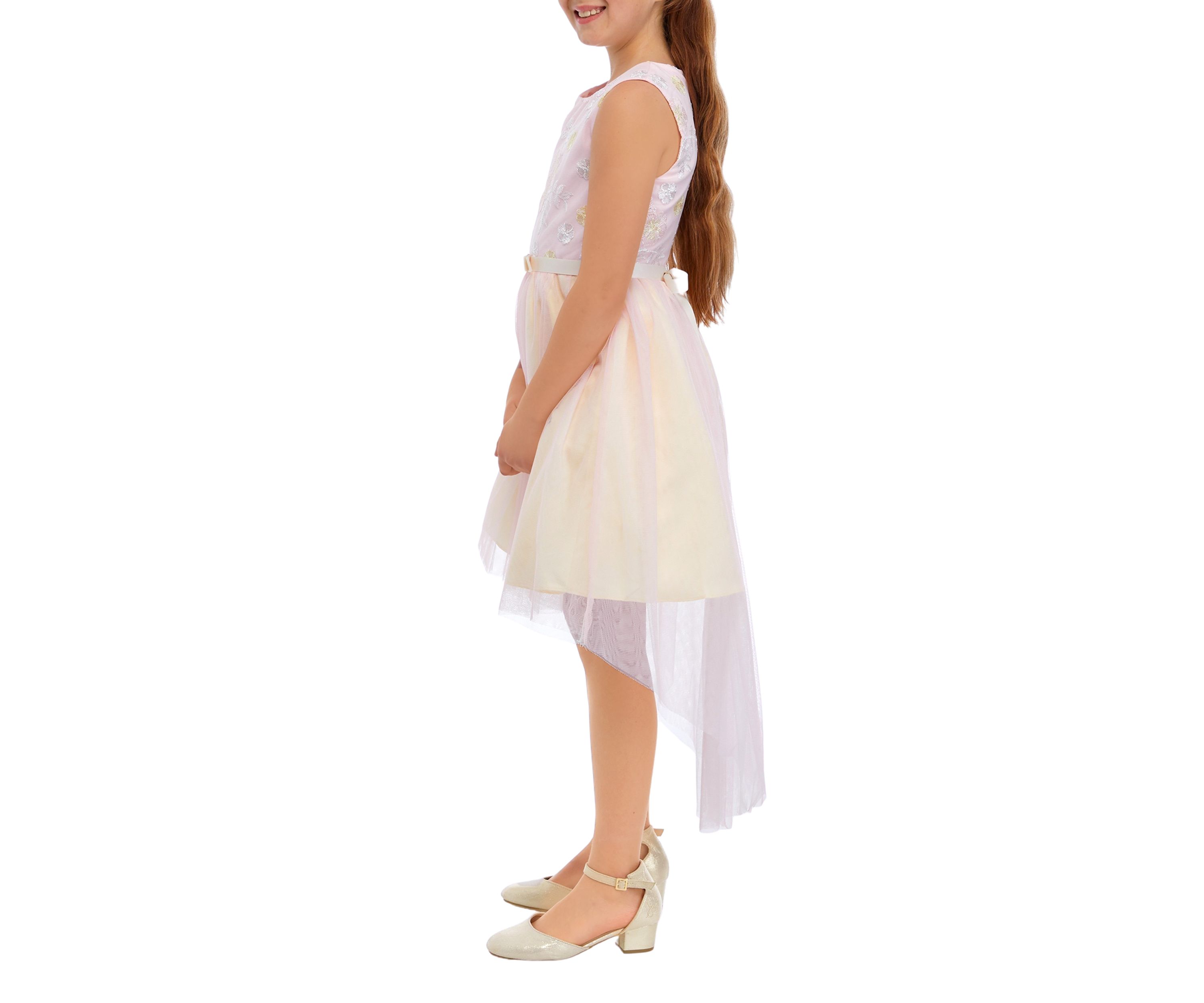 Girls 7-16 Lurex Embroidered Mesh Dress with Two Tone Hi Low Skirt