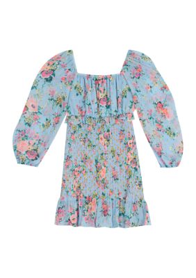 Girls 7-16 Floral Lurex Clip Dot Chiffon Smocked Dress with Ruffle Hem