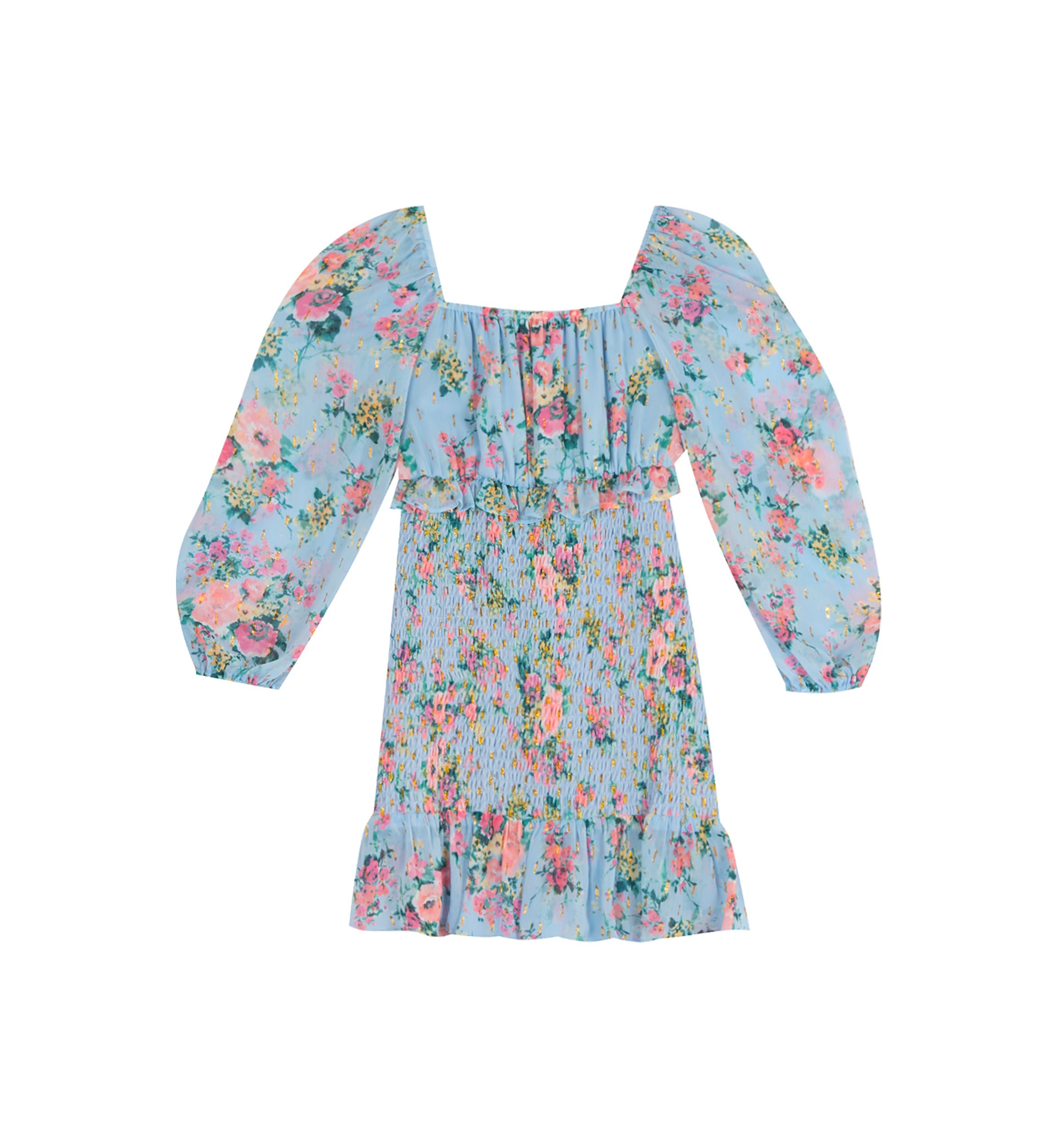 Girls 7-16 Floral Lurex Clip Dot Chiffon Smocked Dress with Ruffle Hem