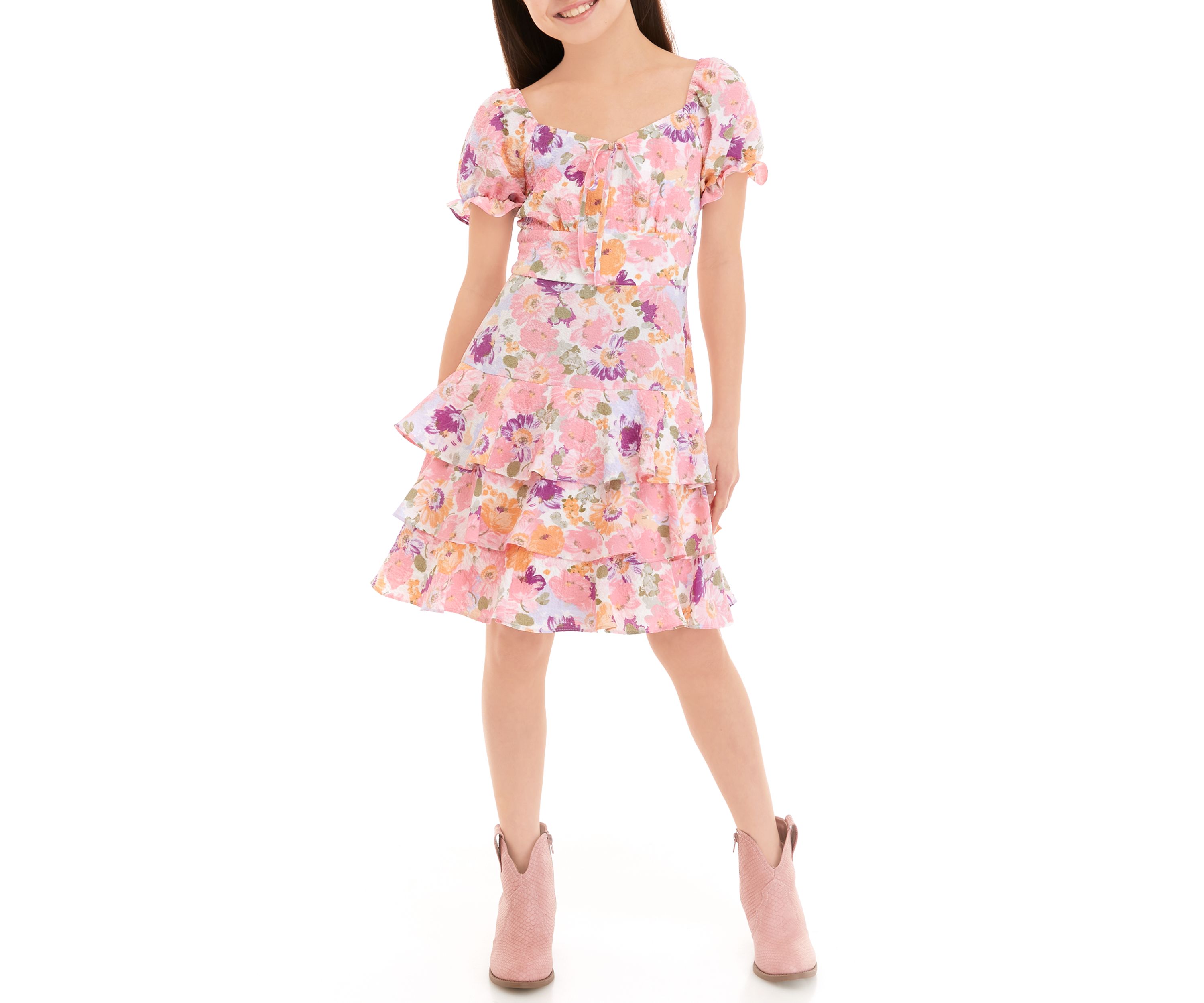 Girls 7-16 Floral Puff Sleeve Tiered Ruffle Dress