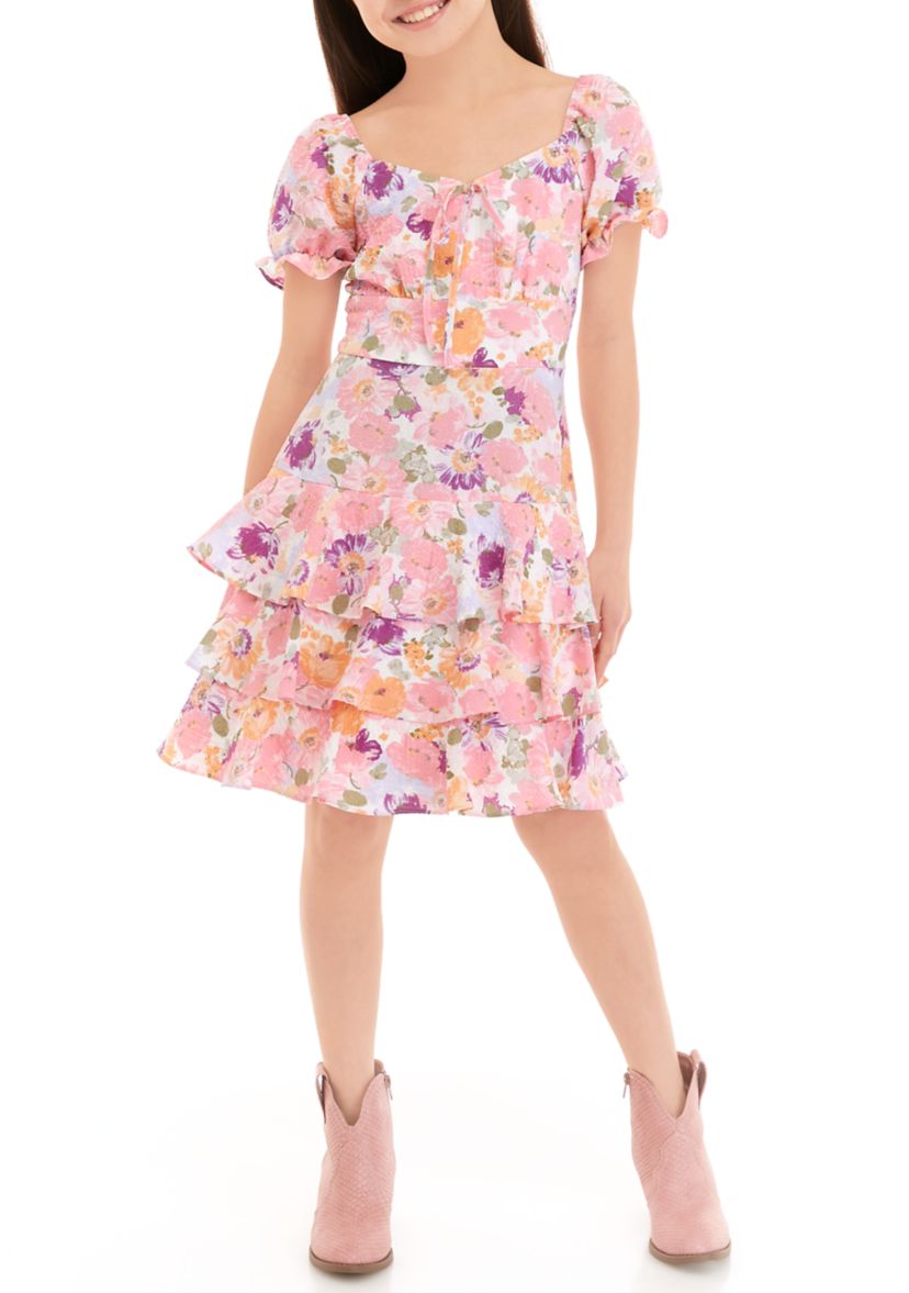 Girls 7-16 Floral Puff Sleeve Tiered Ruffle Dress
