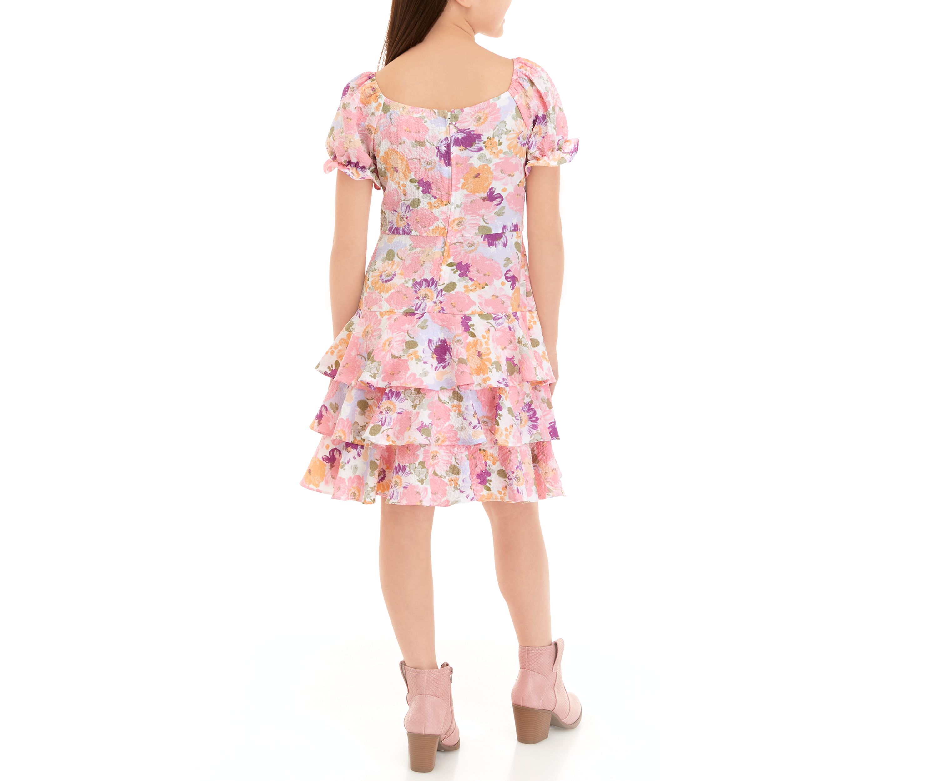 Girls 7-16 Floral Puff Sleeve Tiered Ruffle Dress