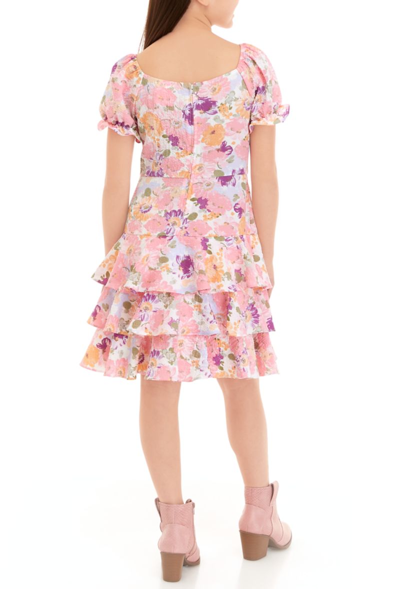 Girls 7-16 Floral Puff Sleeve Tiered Ruffle Dress