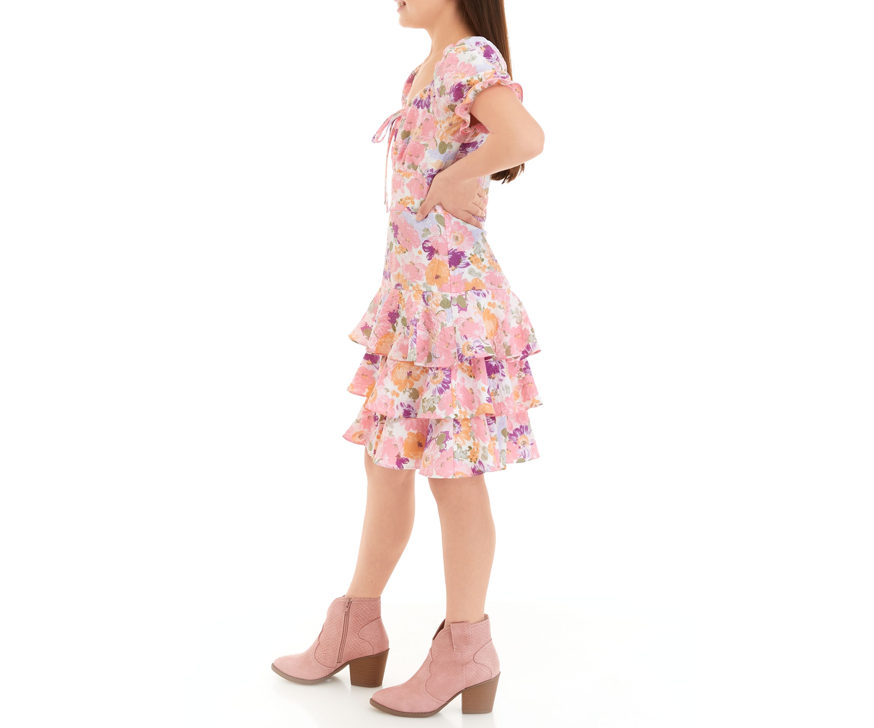 Girls 7-16 Floral Puff Sleeve Tiered Ruffle Dress