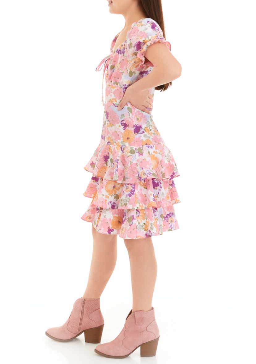 Girls 7-16 Floral Puff Sleeve Tiered Ruffle Dress