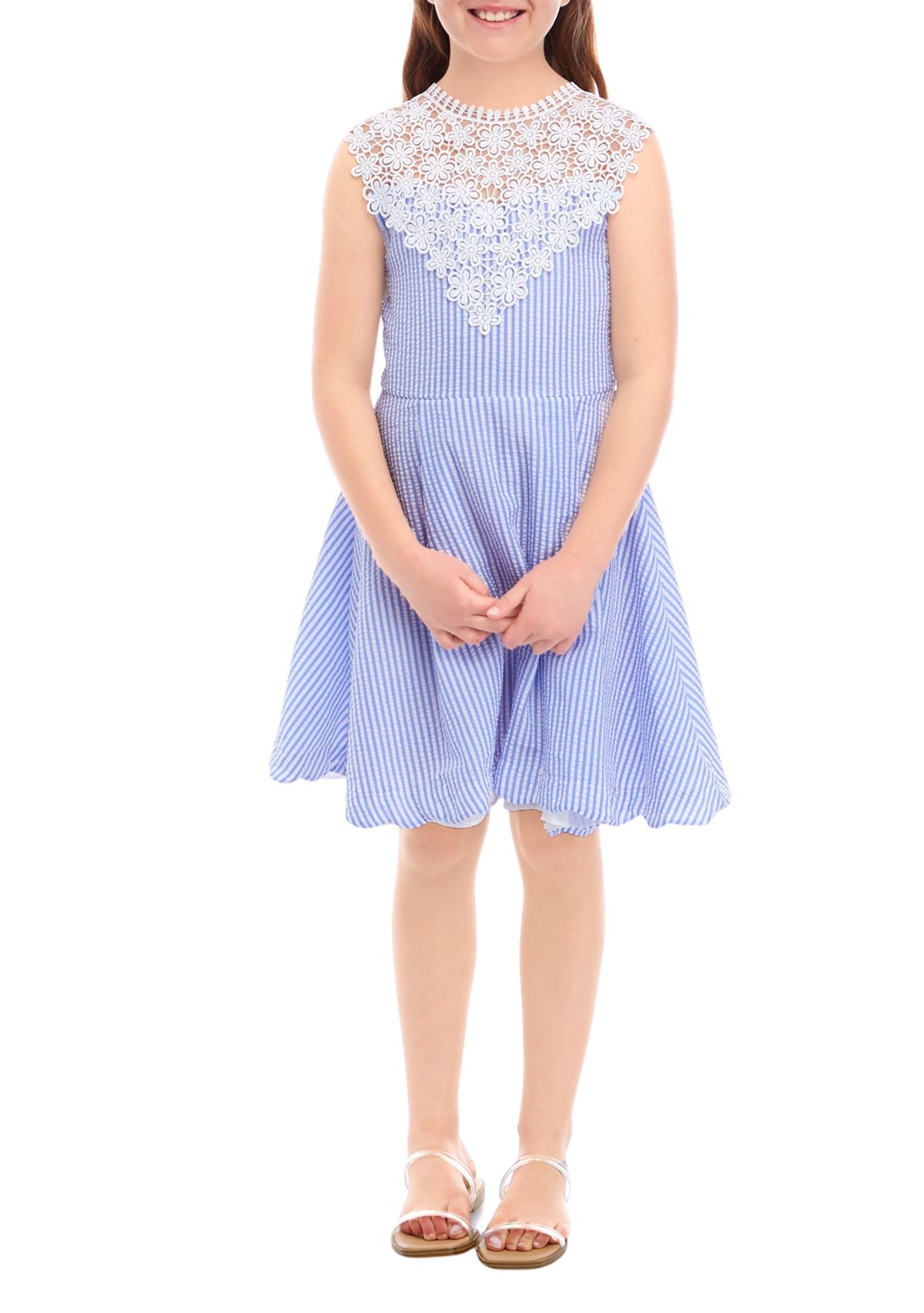 Girls 7-16 Sleeveless Seersucker Dress with Crochet Neck Piece