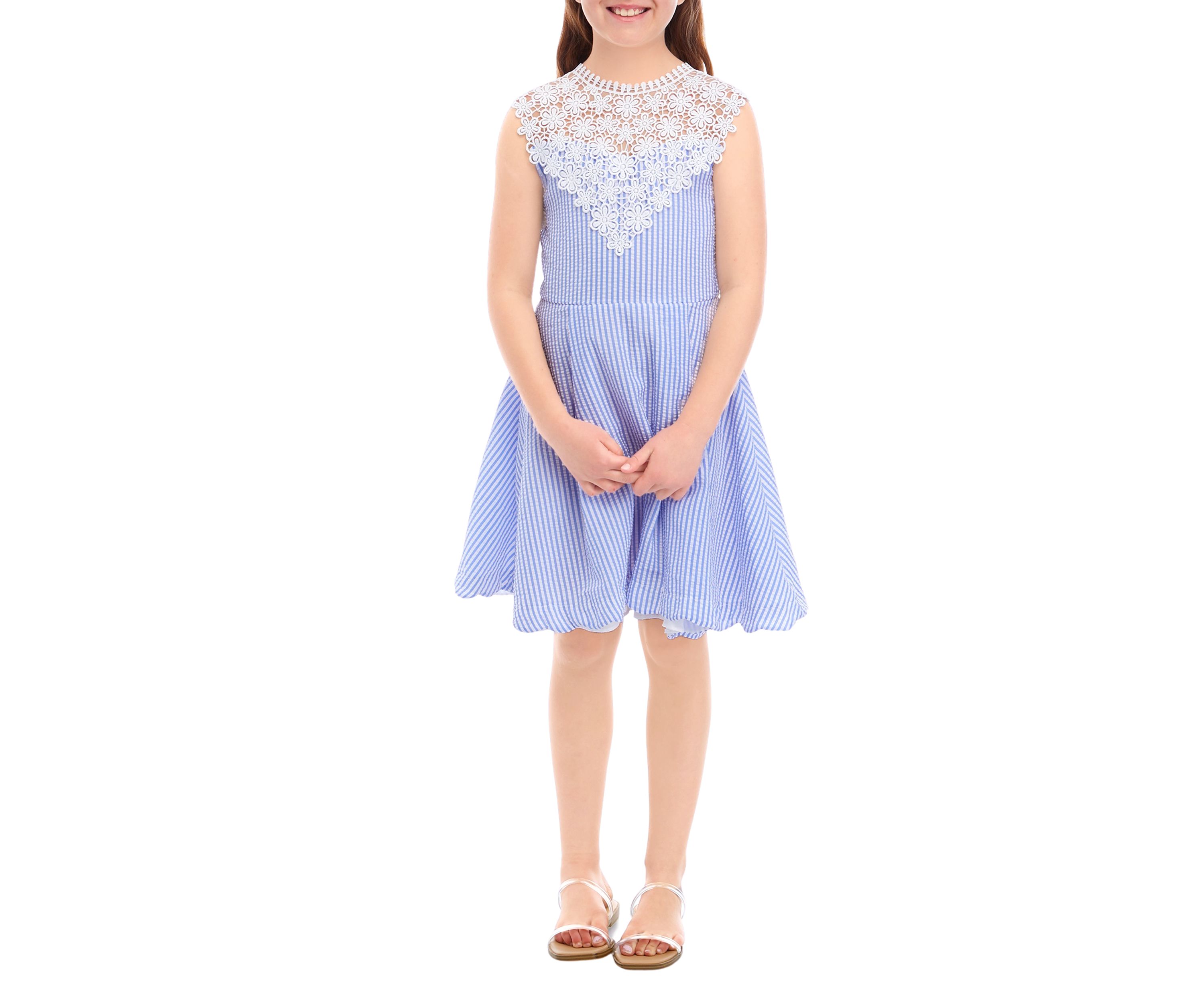 Girls 7-16 Sleeveless Seersucker Dress with Crochet Neck Piece