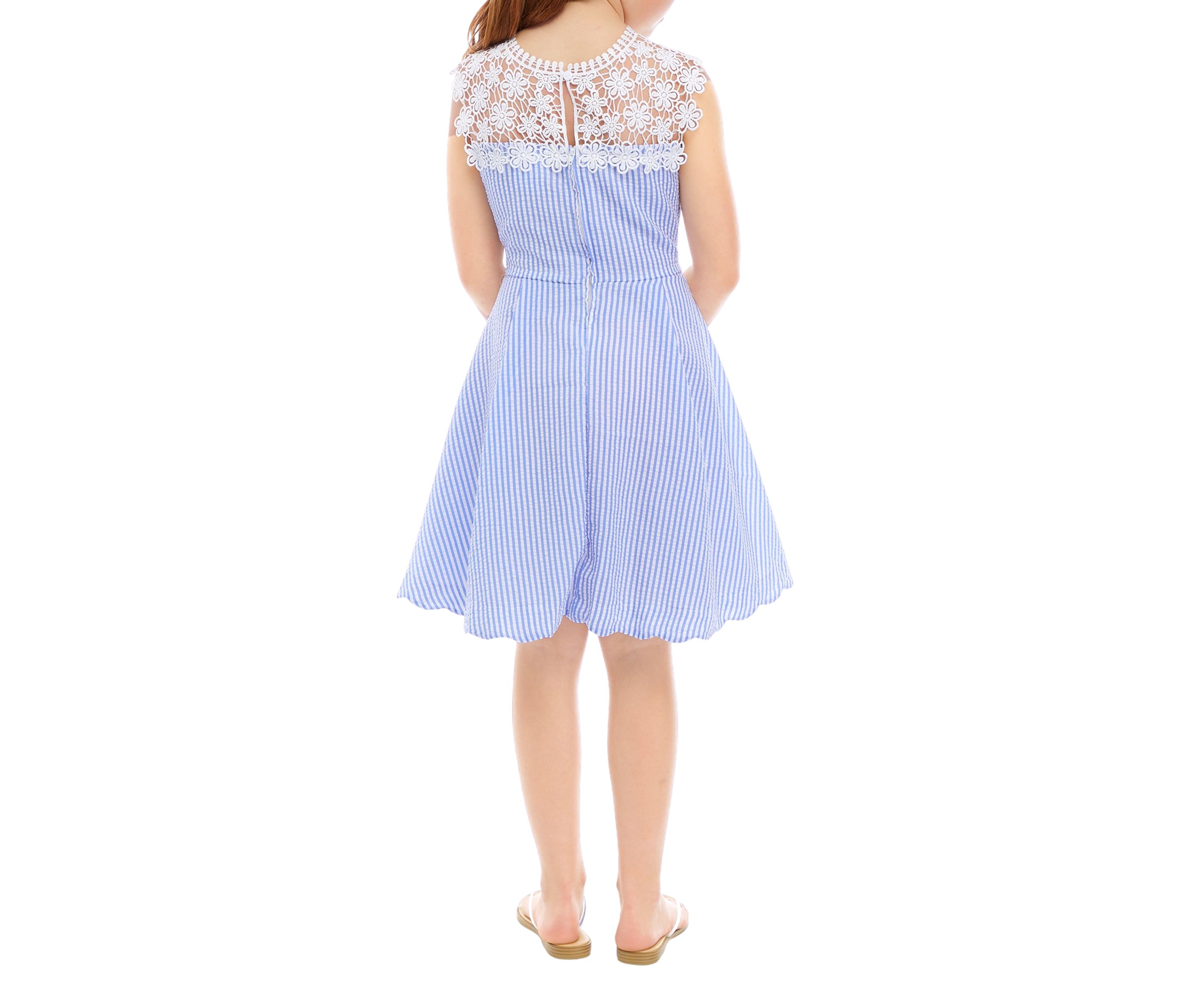Girls 7-16 Sleeveless Seersucker Dress with Crochet Neck Piece