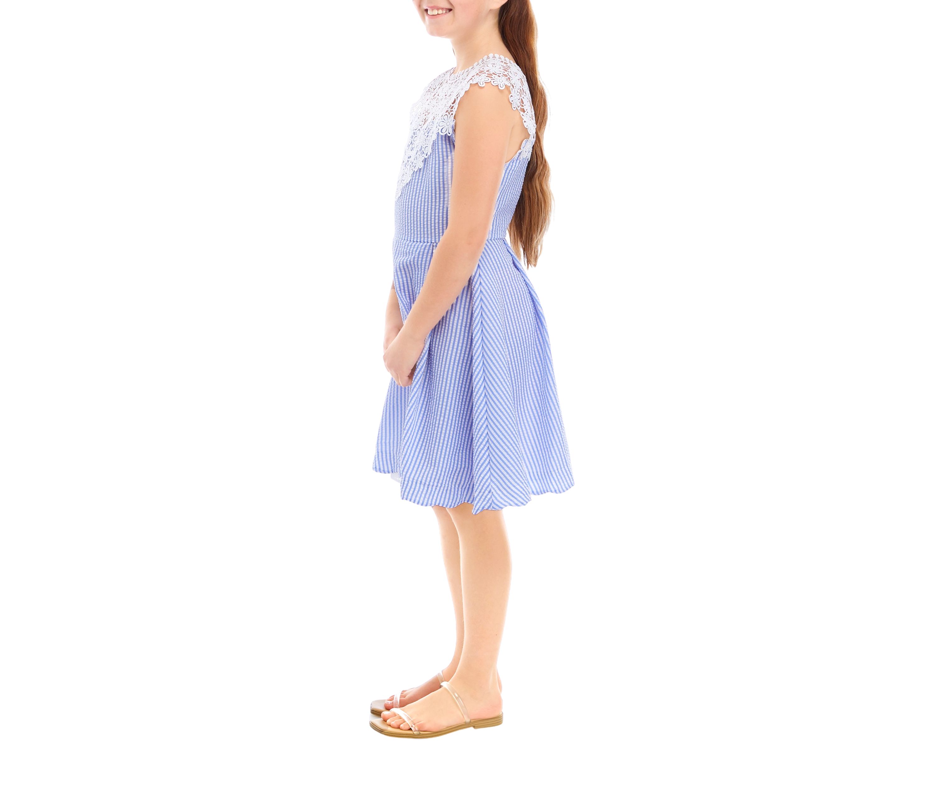 Girls 7-16 Sleeveless Seersucker Dress with Crochet Neck Piece