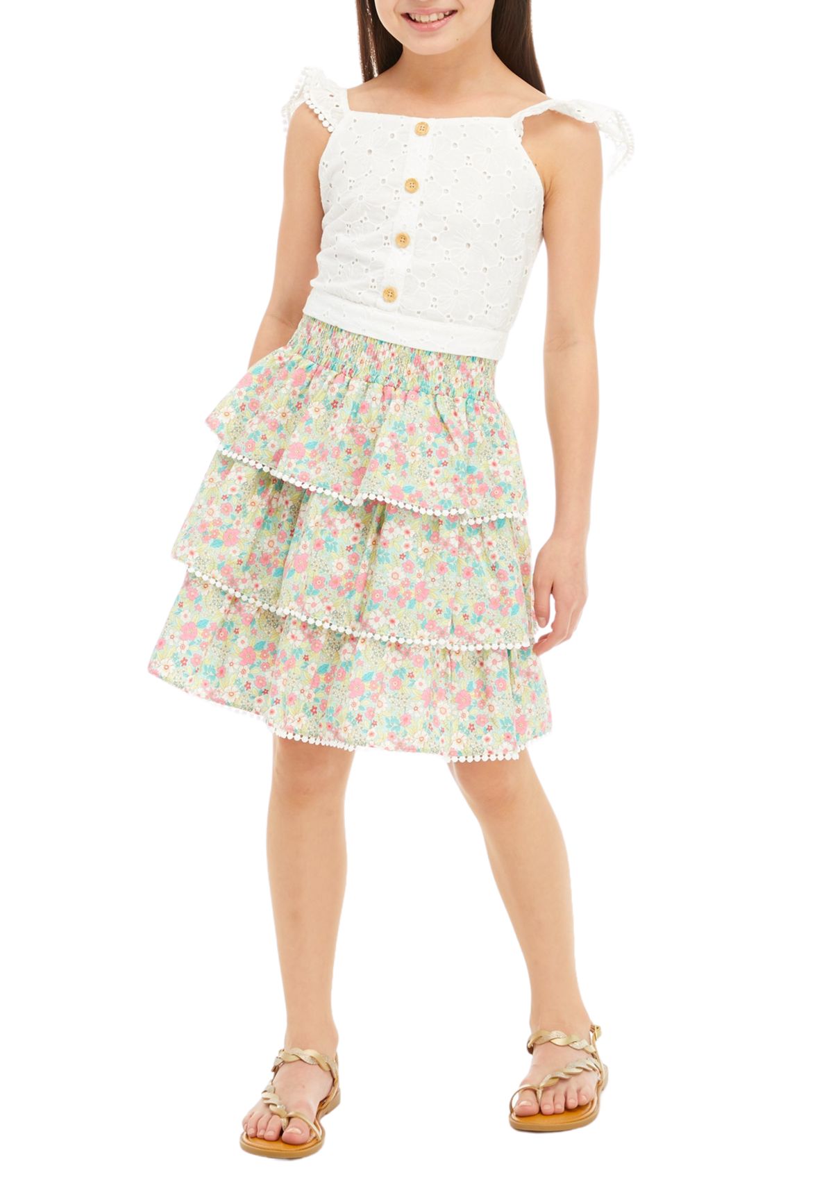 Girls 7-16 Sleeveless Eyelet Top and Floral Tiered Skirt 