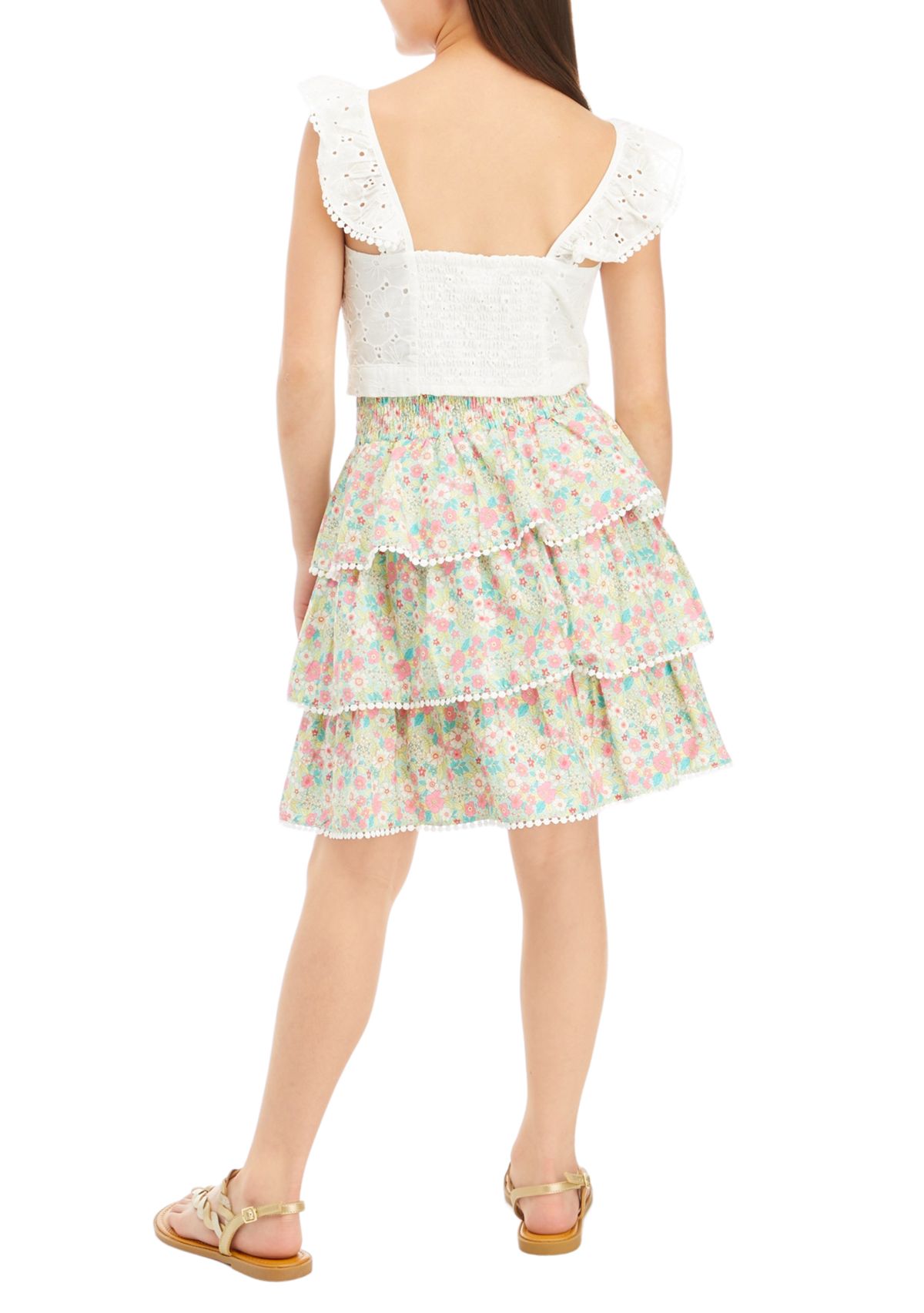 Girls 7-16 Sleeveless Eyelet Top and Floral Tiered Skirt 