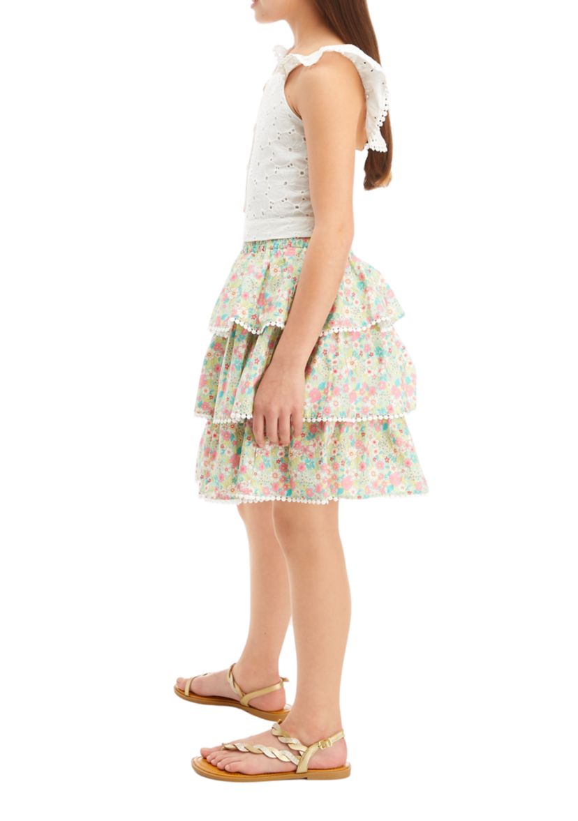 Girls 7-16 Sleeveless Eyelet Top and Floral Tiered Skirt 