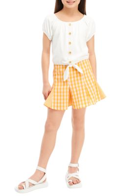 Girls 7-16 Puff Sleeve Top and Gingham Skort Set