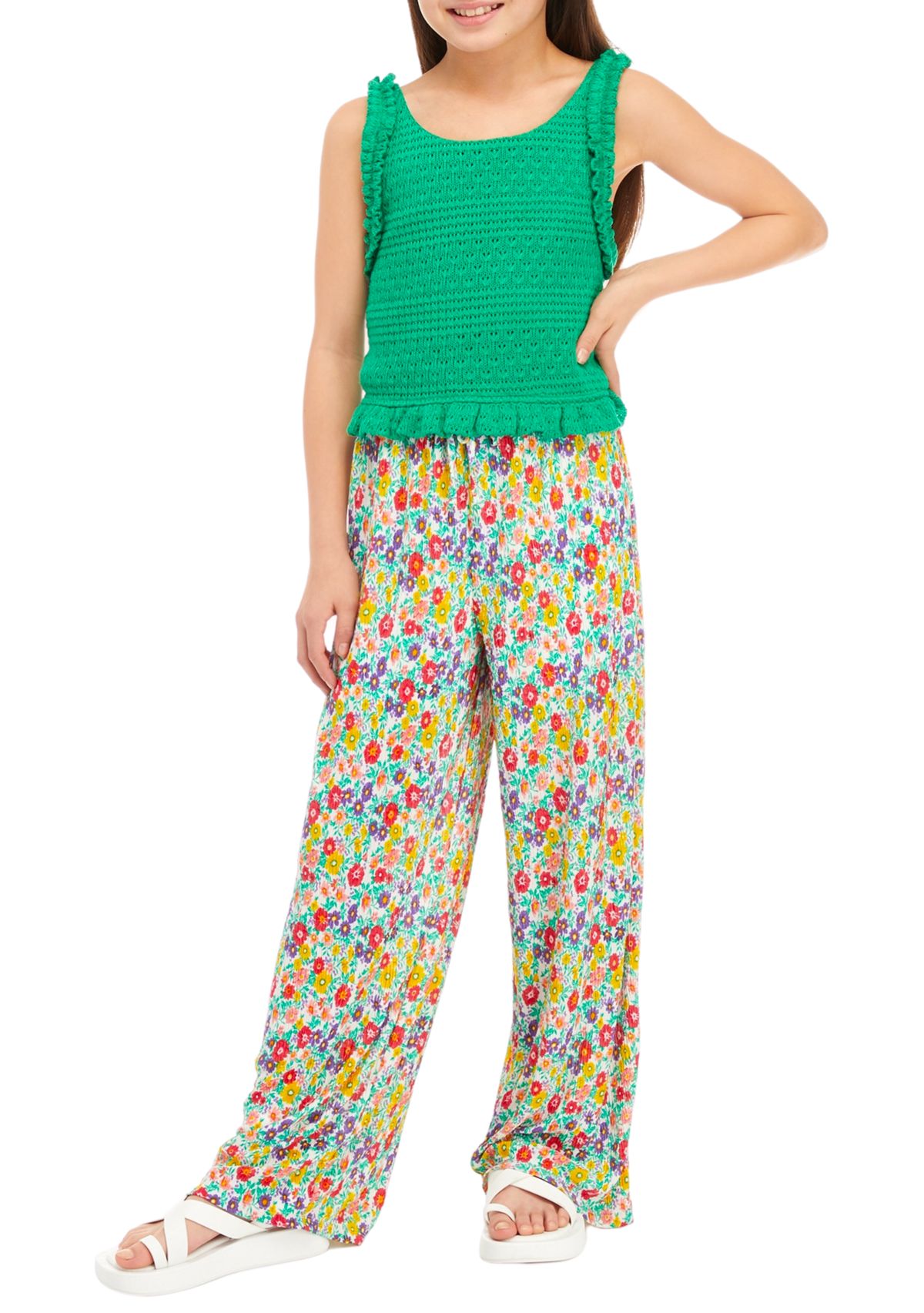 Girls 7-16 Crochet Ruffled Top and Floral Pants
