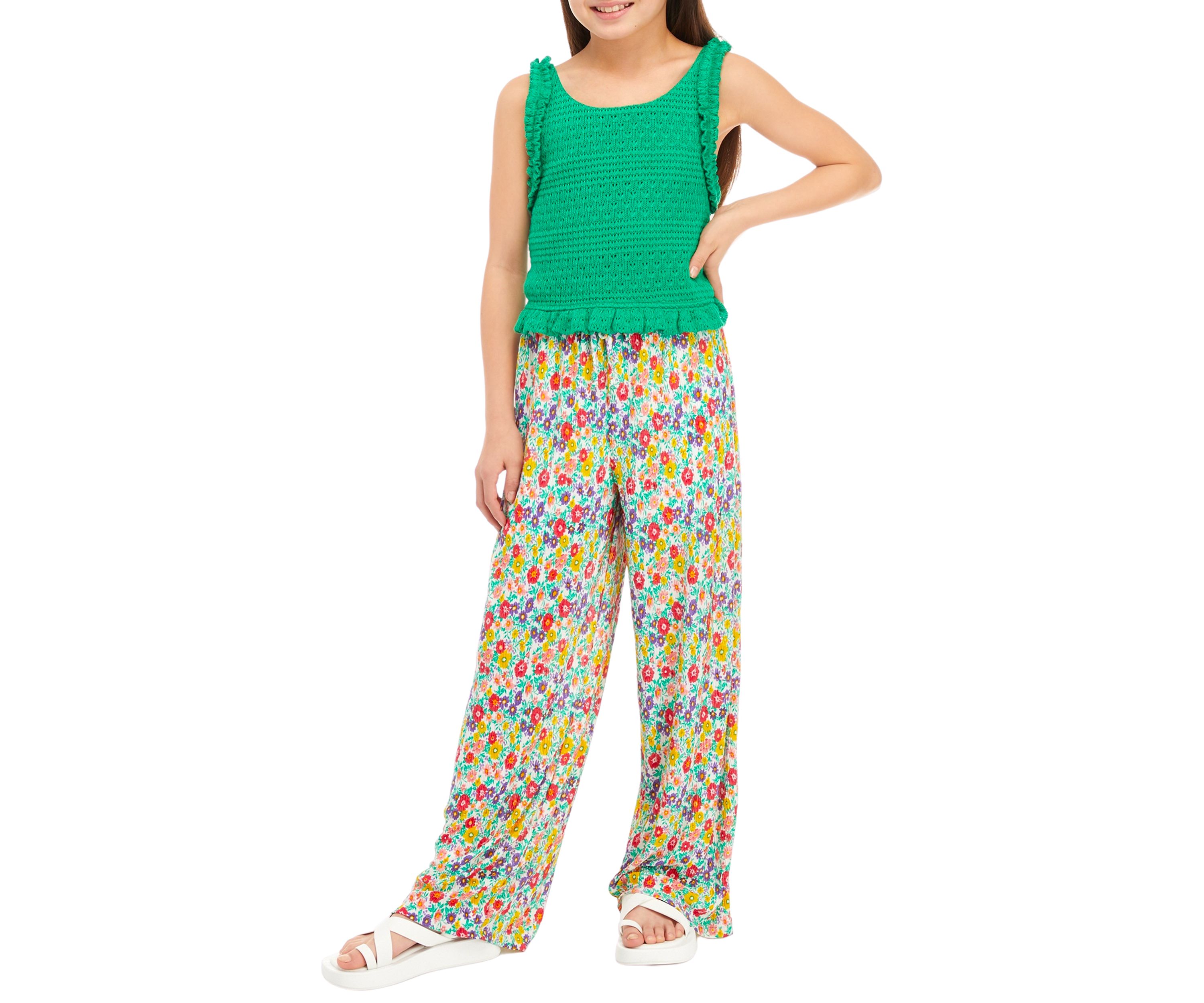 Girls 7-16 Crochet Ruffled Top and Floral Pants