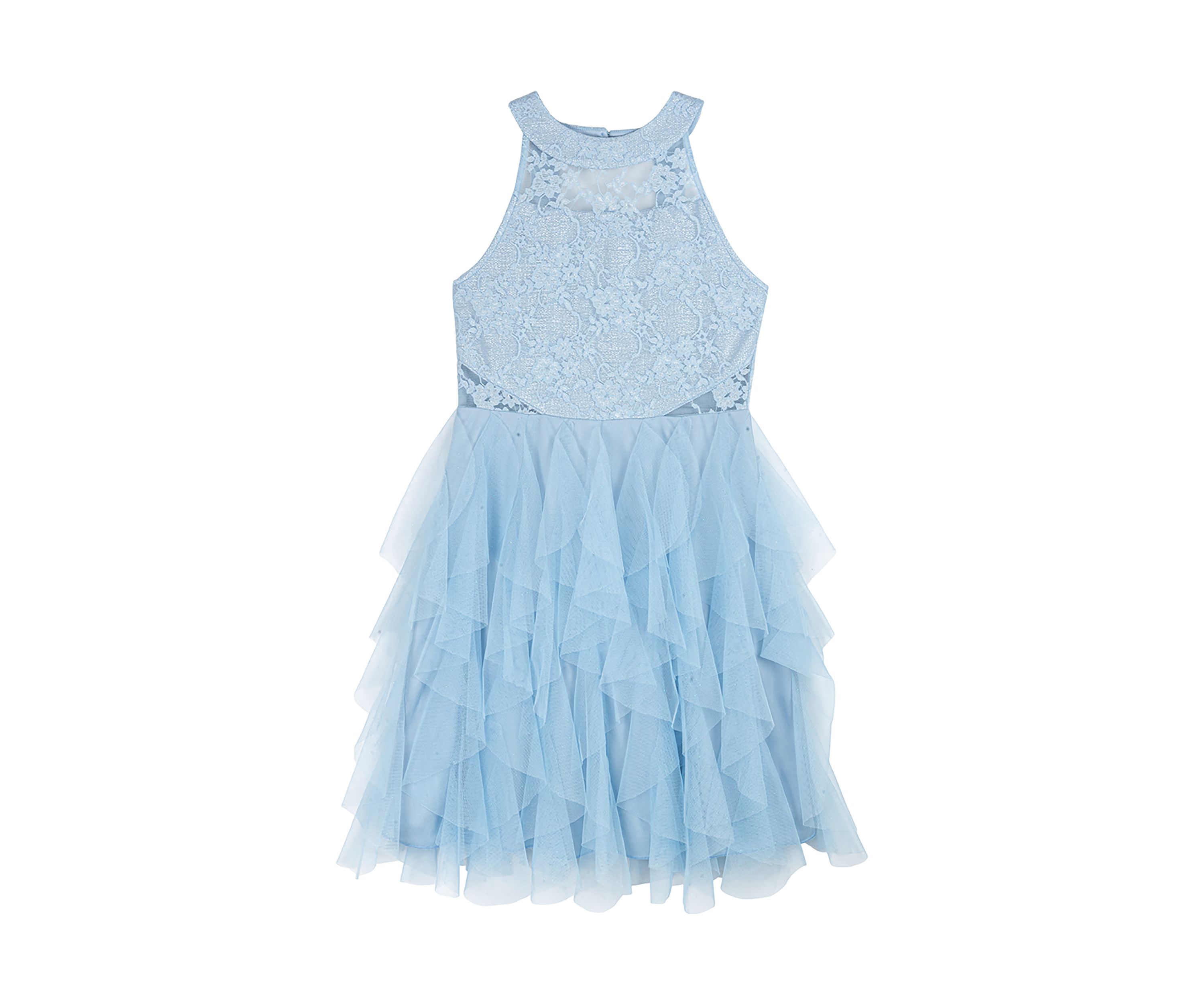 Girls 7-16 Lace Illusion Halter Top to Cascade Skirt Dress