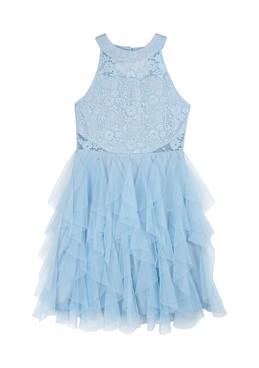 Girls 7-16 Lace Illusion Halter Top to Cascade Skirt Dress