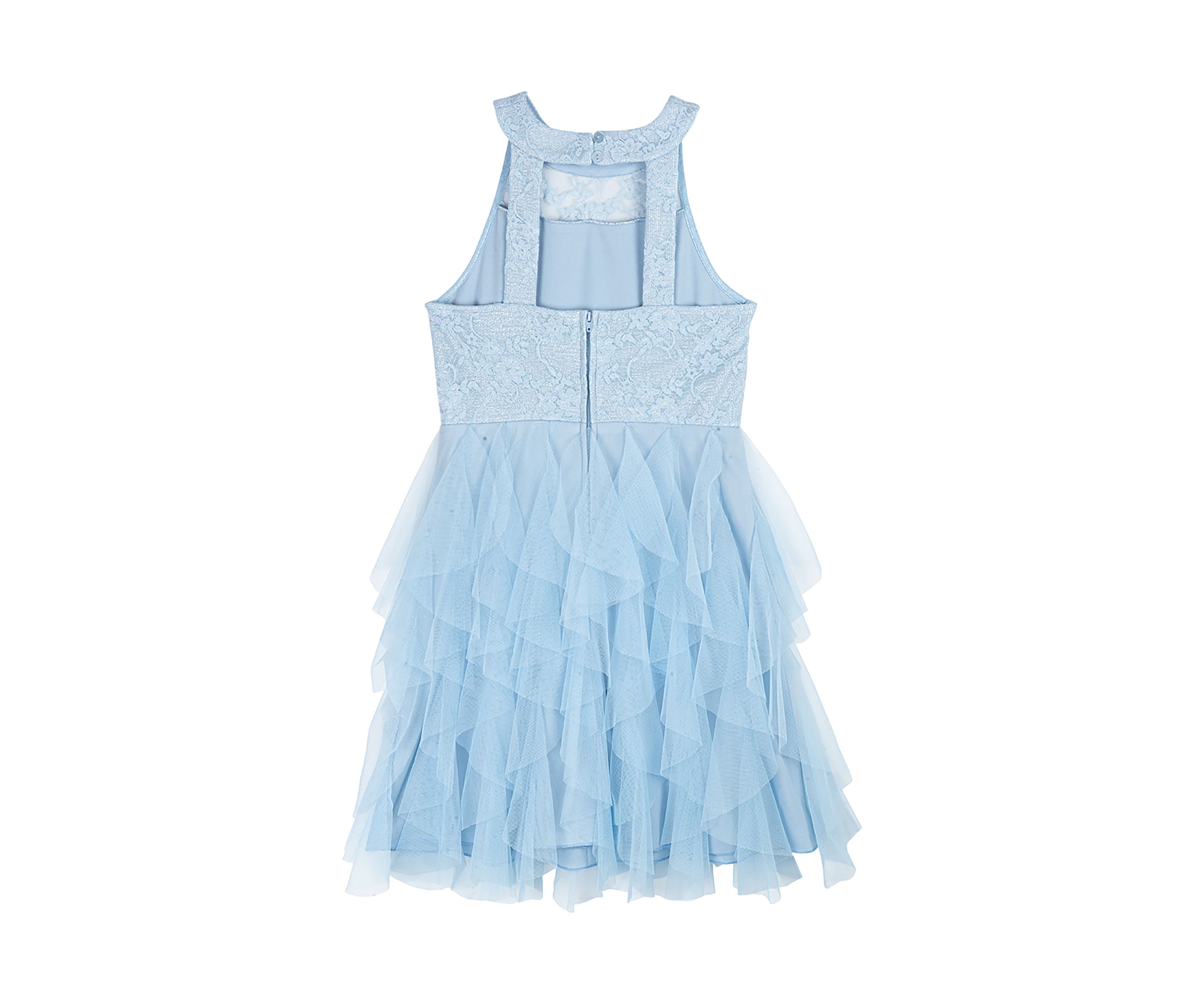 Girls 7-16 Lace Illusion Halter Top to Cascade Skirt Dress