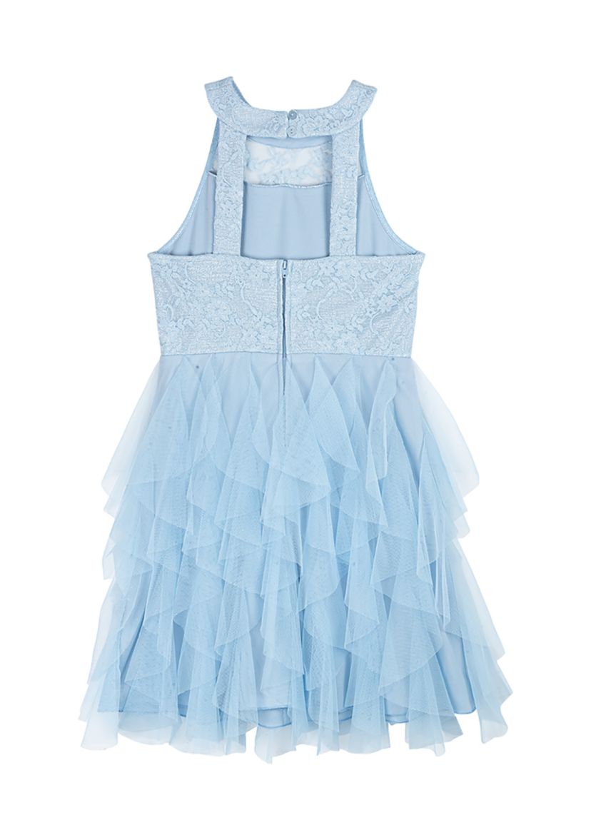 Girls 7-16 Lace Illusion Halter Top to Cascade Skirt Dress
