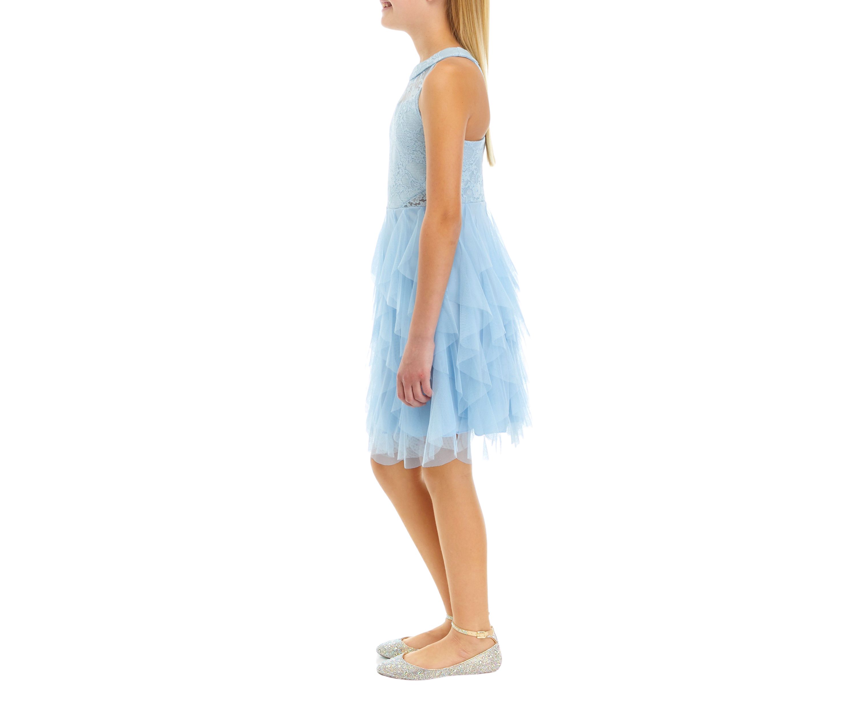 Girls 7-16 Lace Illusion Halter Top to Cascade Skirt Dress