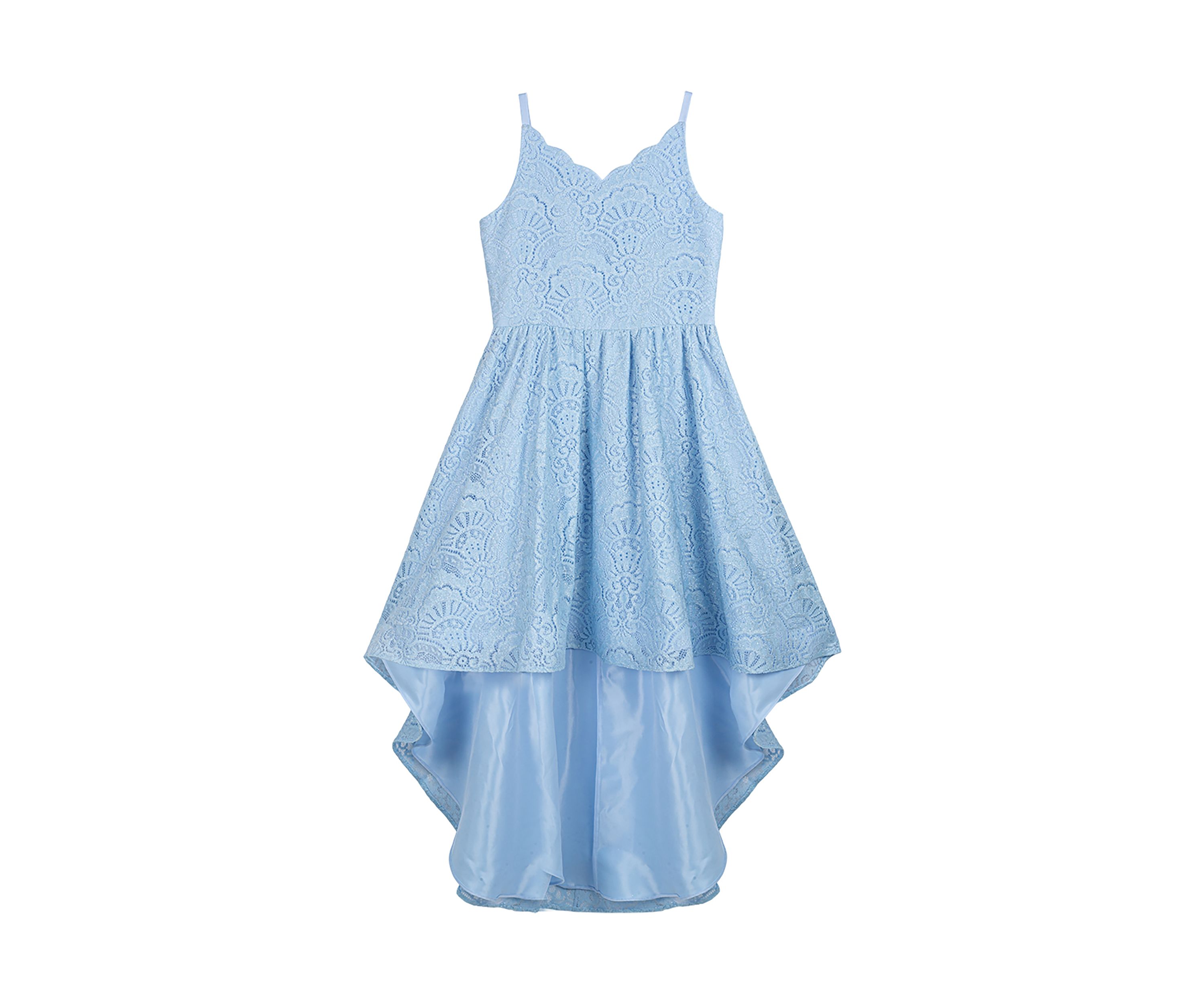 Girls 7-16 Stretch Lace Scalloped Sweetheart Bodice to Hi Low Skirt Dress