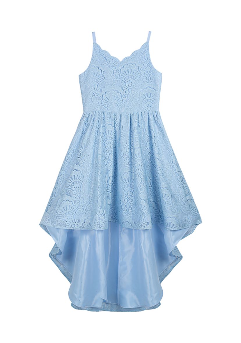Girls 7-16 Stretch Lace Scalloped Sweetheart Bodice to Hi Low Skirt Dress