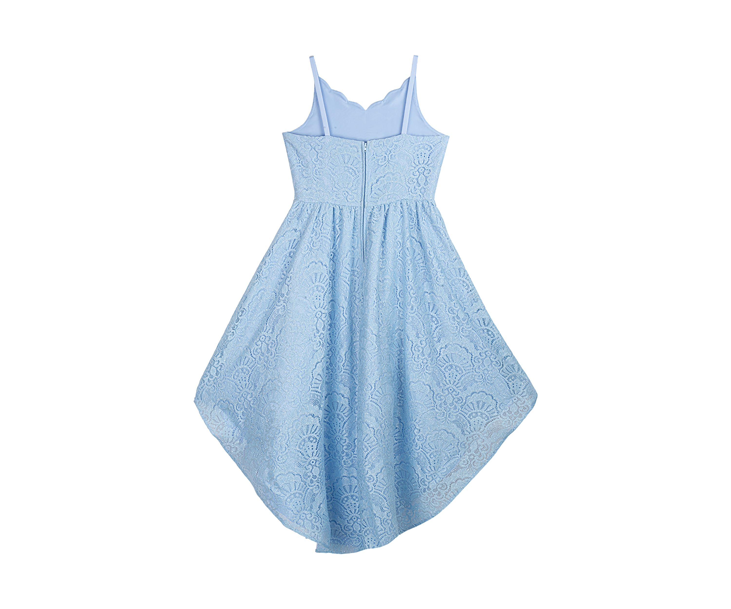 Girls 7-16 Stretch Lace Scalloped Sweetheart Bodice to Hi Low Skirt Dress