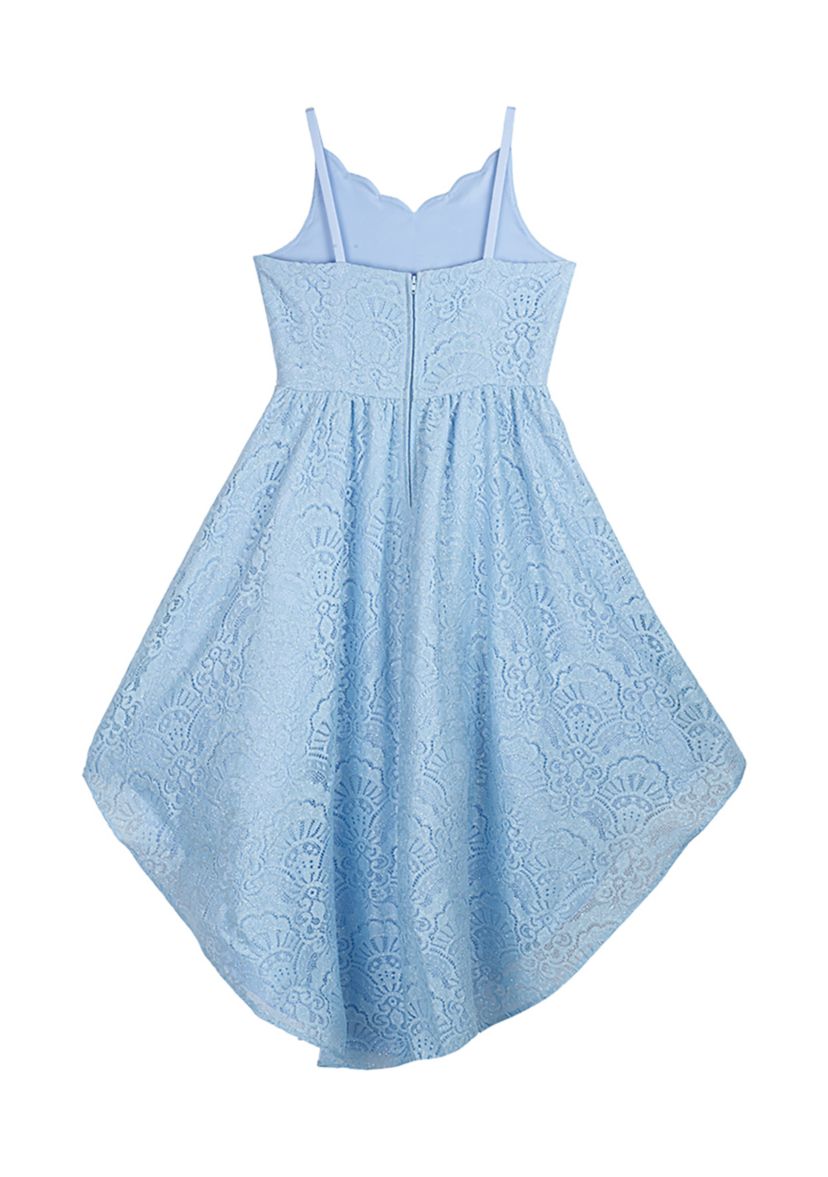 Girls 7-16 Stretch Lace Scalloped Sweetheart Bodice to Hi Low Skirt Dress