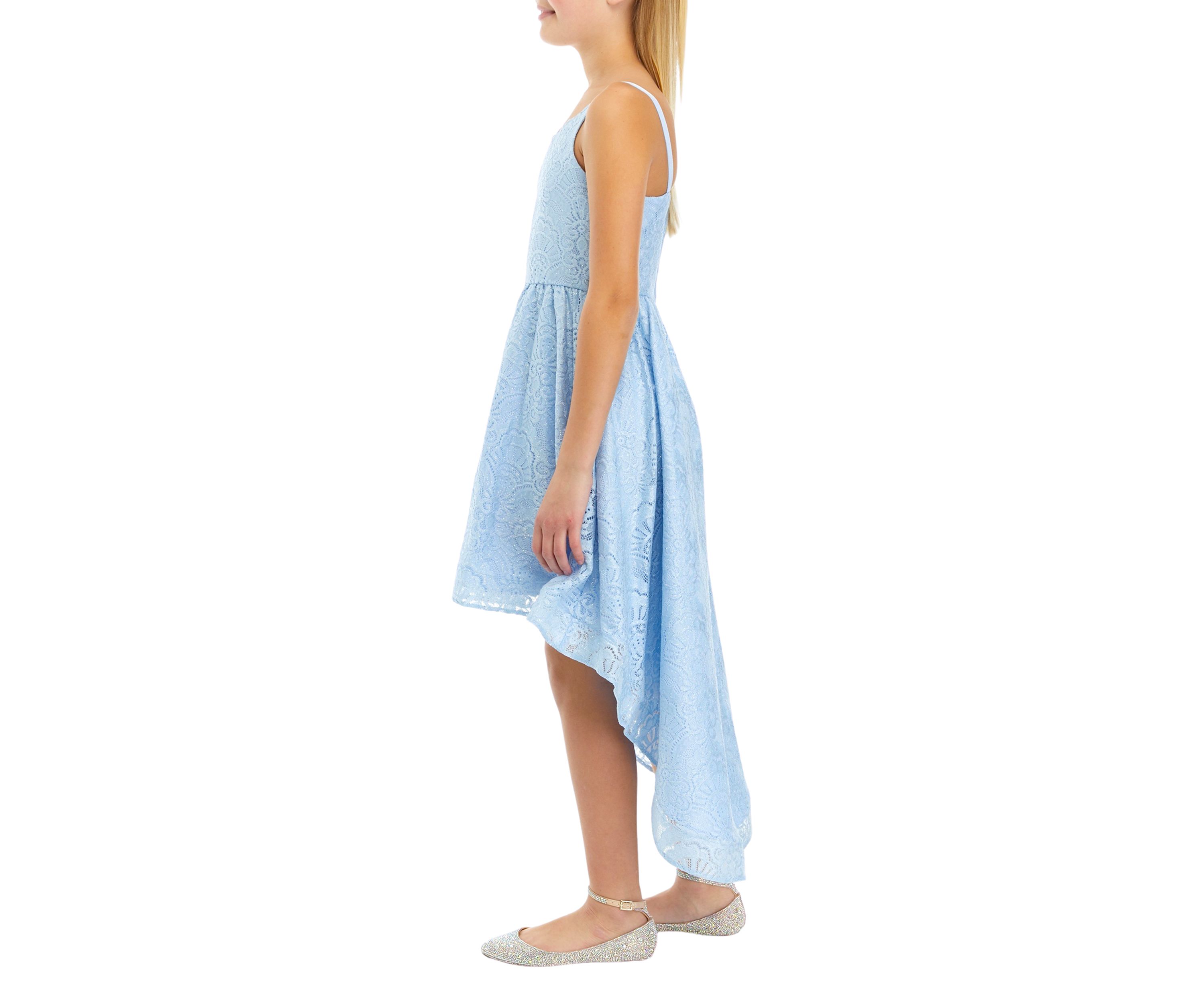 Girls 7-16 Stretch Lace Scalloped Sweetheart Bodice to Hi Low Skirt Dress