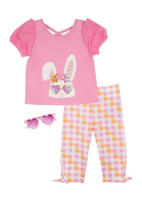 Girls 7-16 Knit Bunny Appliqué Top and Leggings Set with Sunglasses