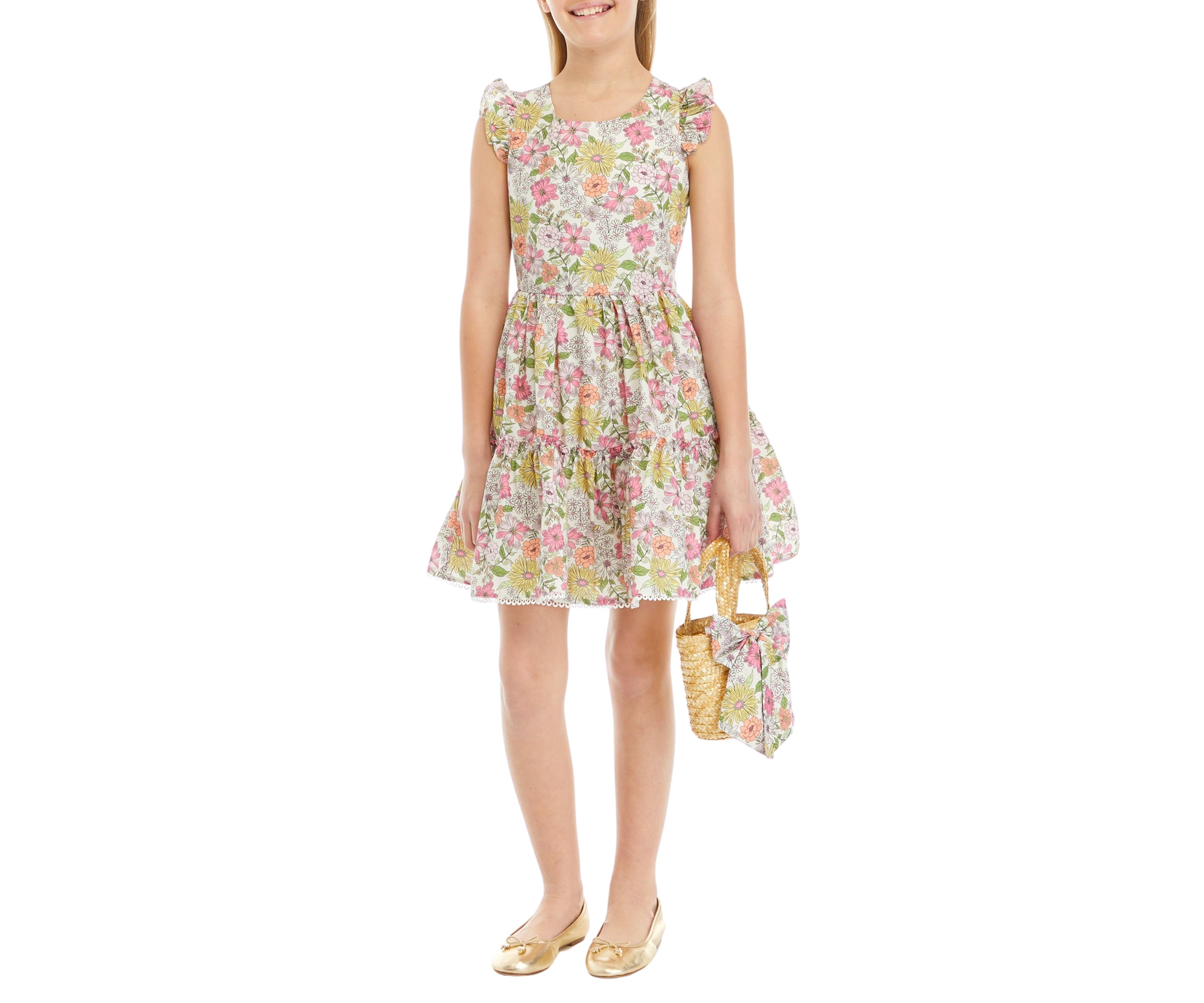Girls 7-16 Floral Woven Flutter Sleeve Dress with Bag
