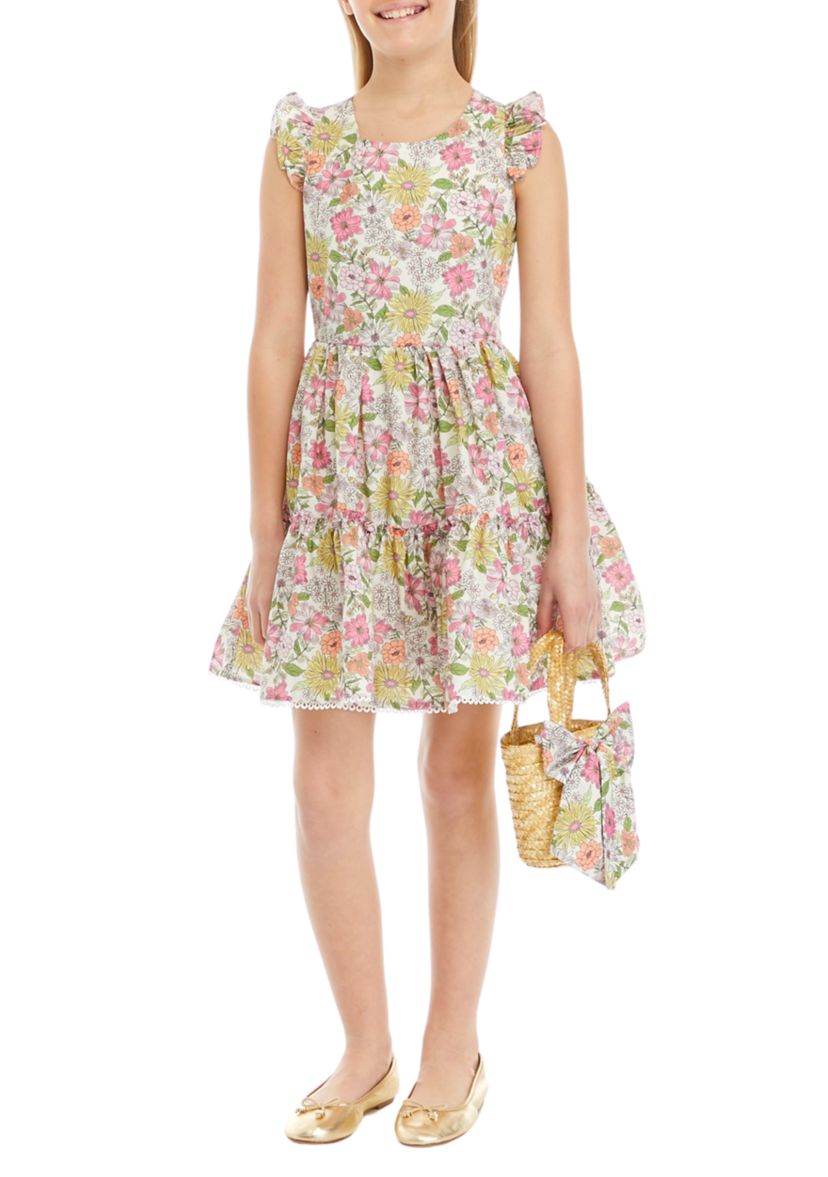 Girls 7-16 Floral Woven Flutter Sleeve Dress with Bag