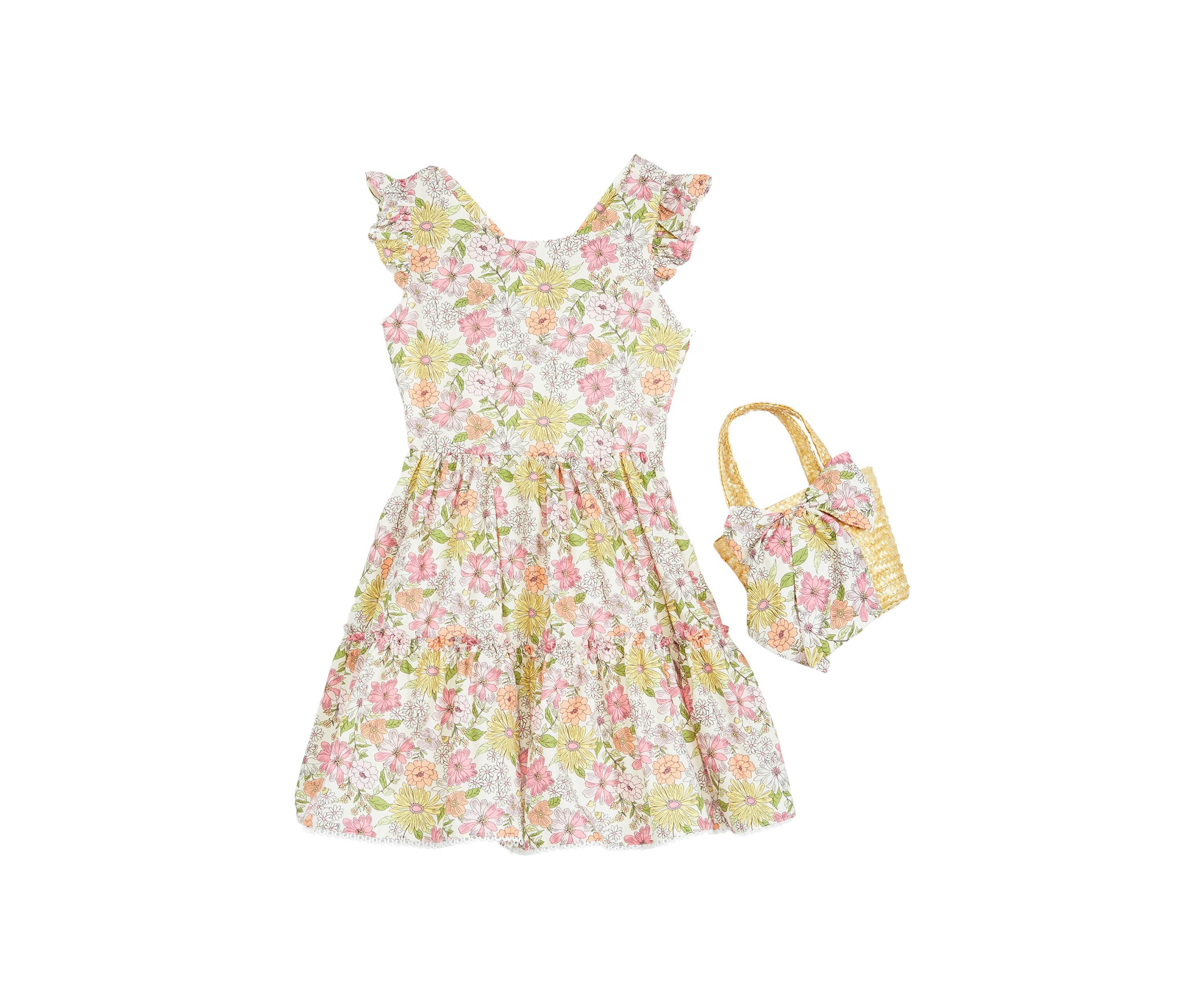 Girls 7-16 Floral Woven Flutter Sleeve Dress with Bag