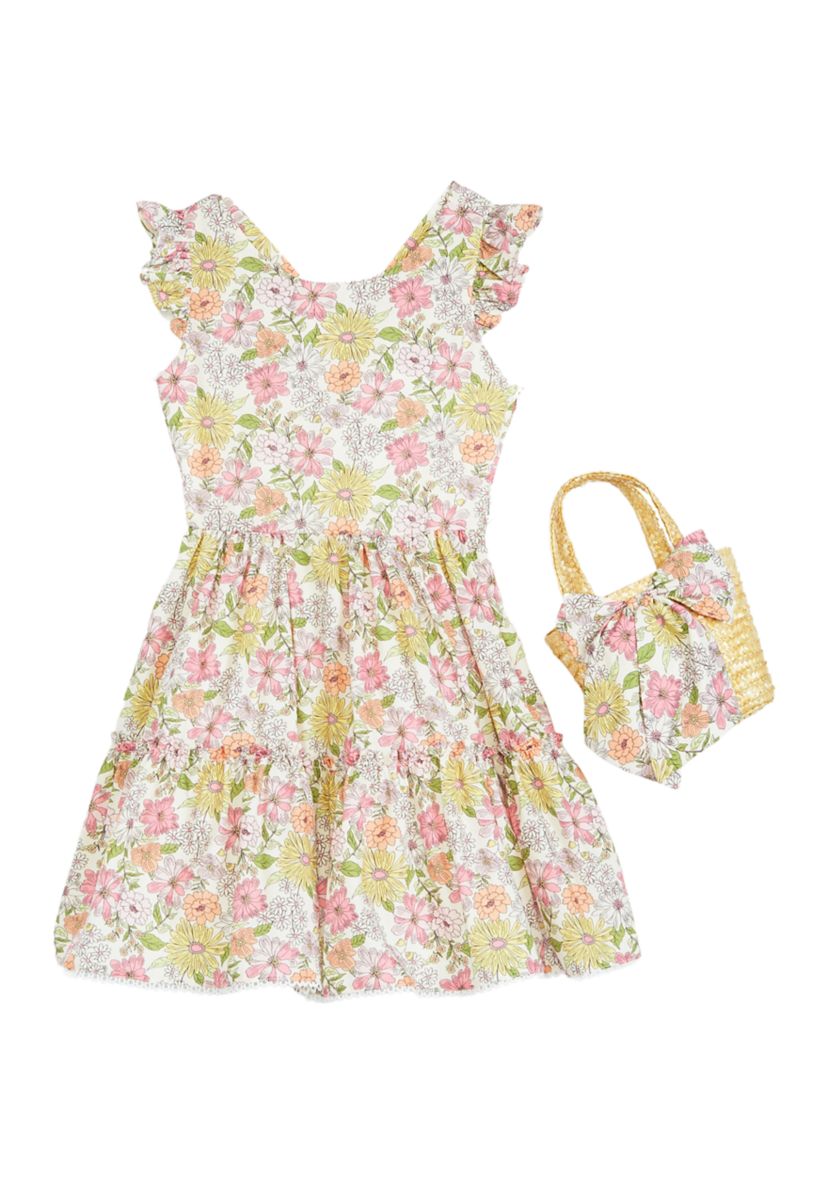 Girls 7-16 Floral Woven Flutter Sleeve Dress with Bag