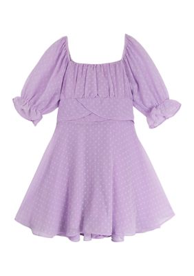 Girls 7-16 Clip Dot Chiffon Dress with Puff Sleeves and A-Line Skirt