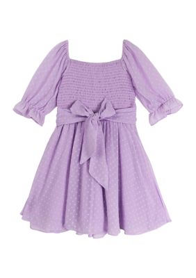Girls 7-16 Clip Dot Chiffon Dress with Puff Sleeves and A-Line Skirt