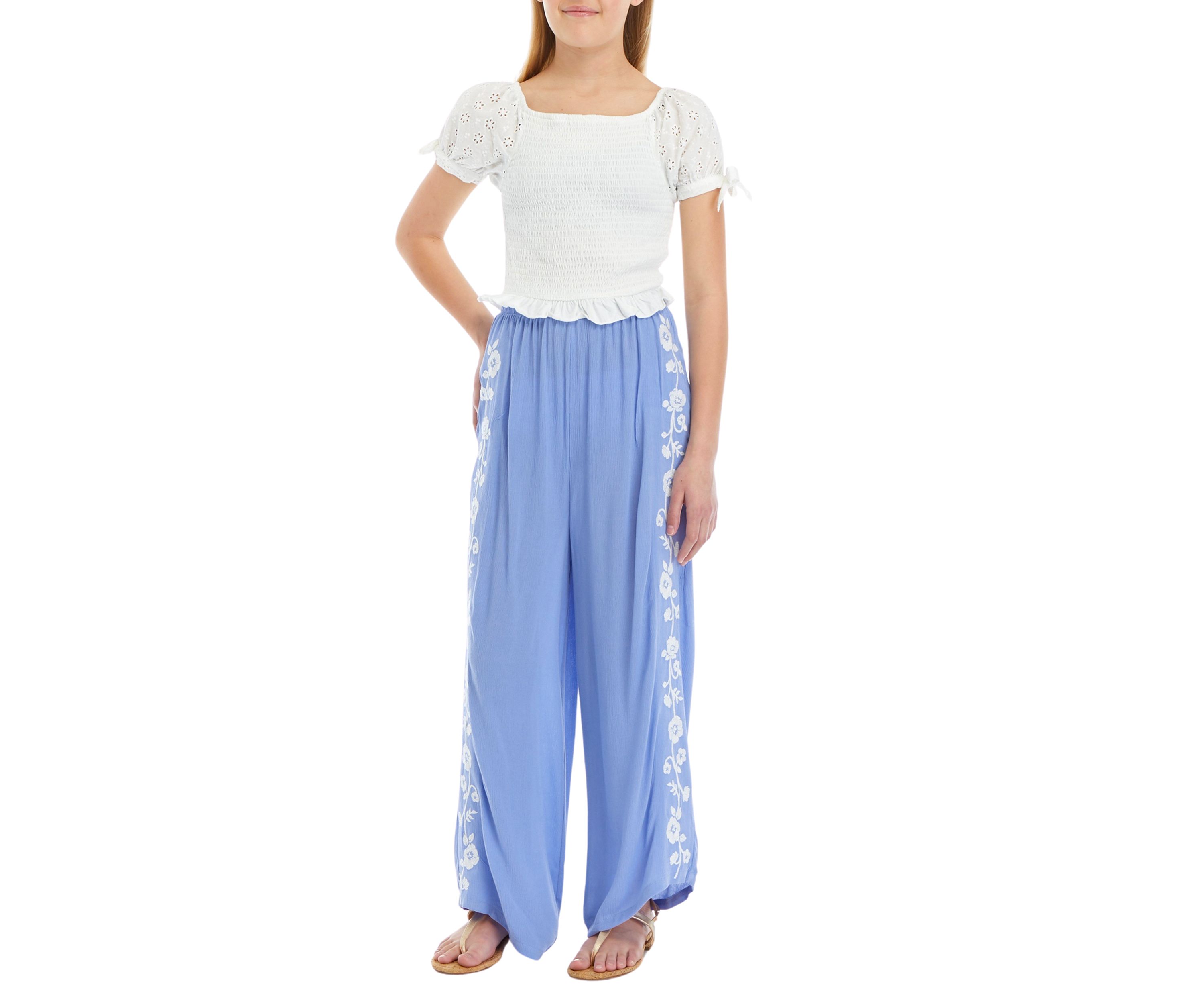 Girls 7-16 Smocked Top and Embroidered Gauze Pants