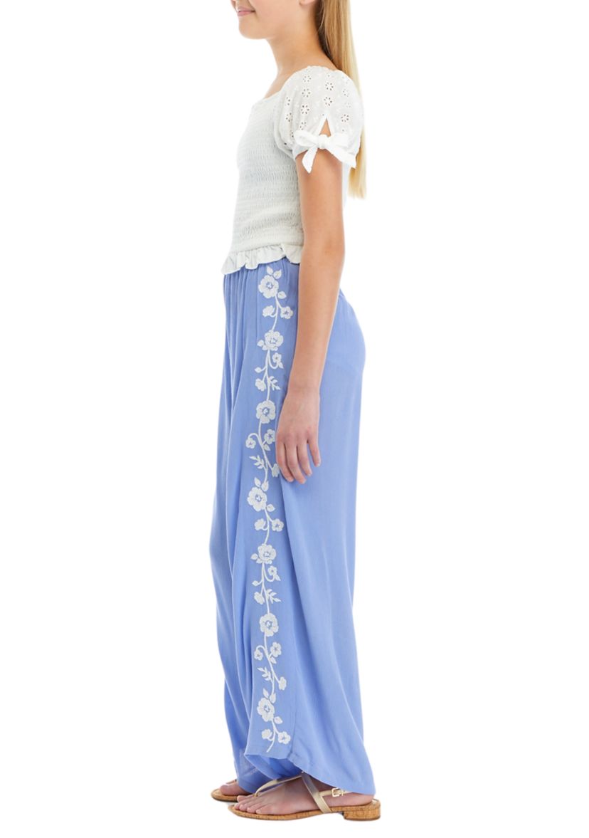 Girls 7-16 Smocked Top and Embroidered Gauze Pants