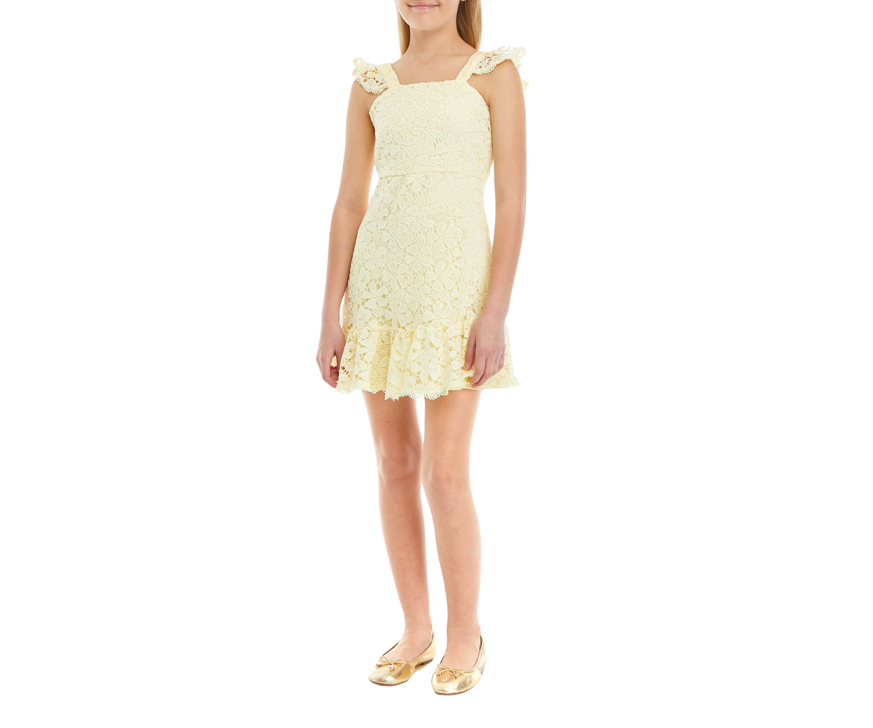 Girls 7-16 Chemical Lace Flutter Sleeve Dress with Ruffle Hem