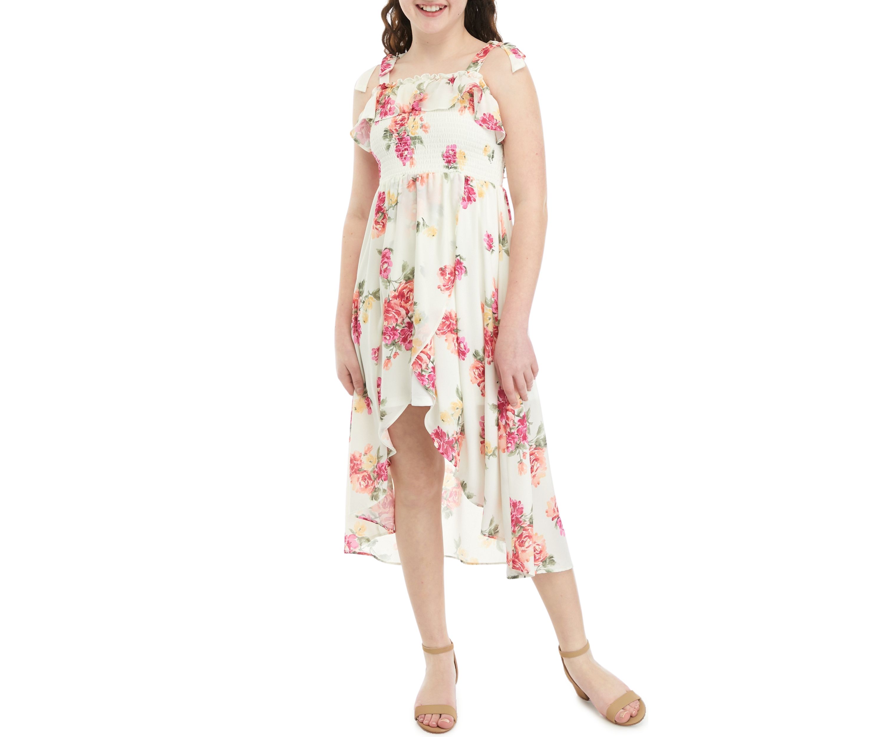 Girls 7-16 Floral Printed Smocked Cold Shoulder Dress with Tie Straps